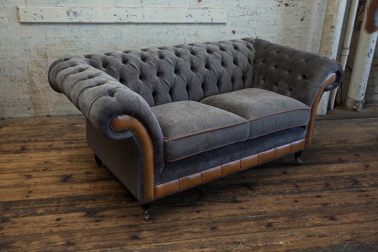 JVmoebel Chesterfield-Sofa, Couch Sofa Chesterfield Graue Leder Polster Stoff Sitzmöbel Textil