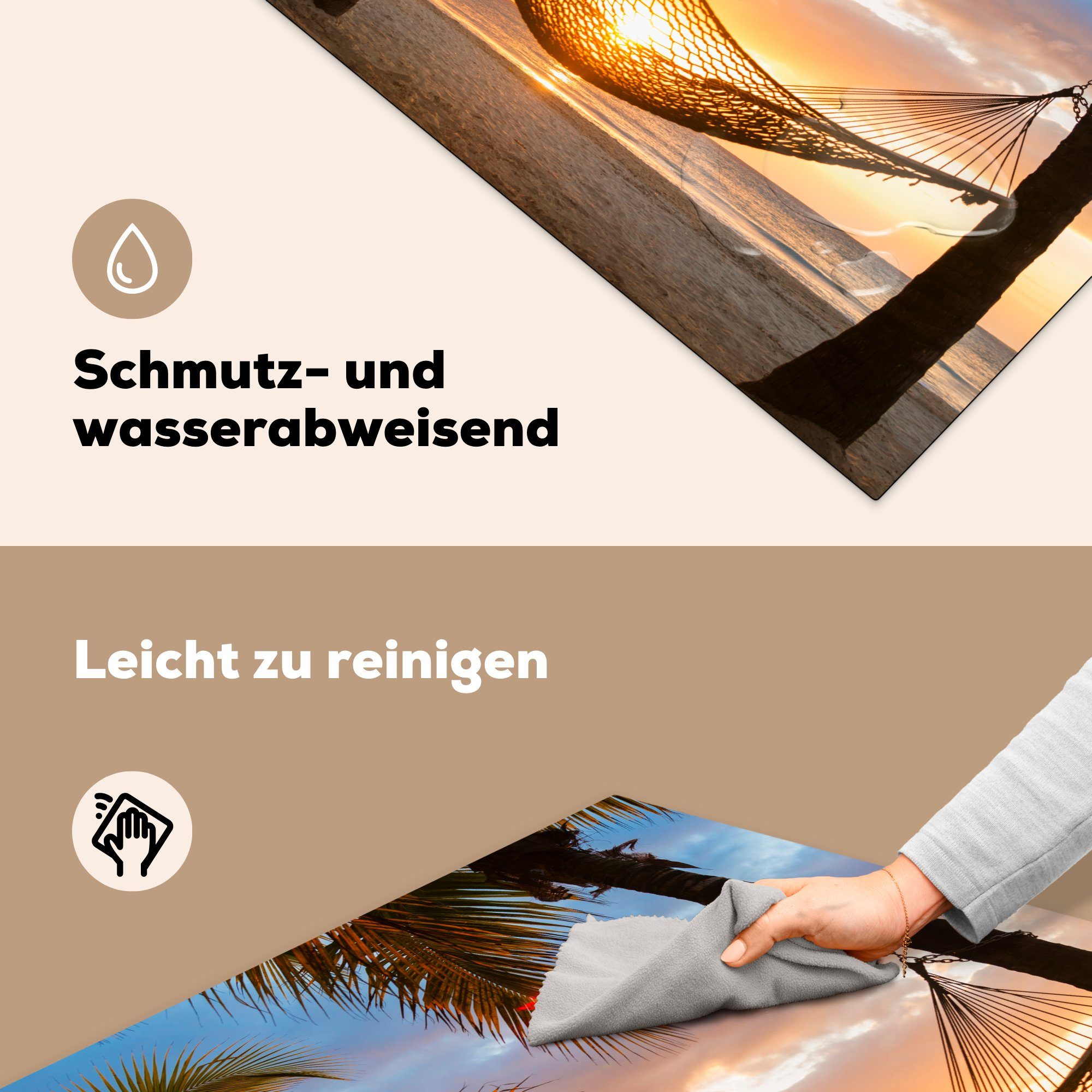 für am Vinyl, Arbeitsplatte MuchoWow Karibikstrand, tlg), cm, küche Ceranfeldabdeckung, (1 Herdblende-/Abdeckplatte 78x78 Hängematte