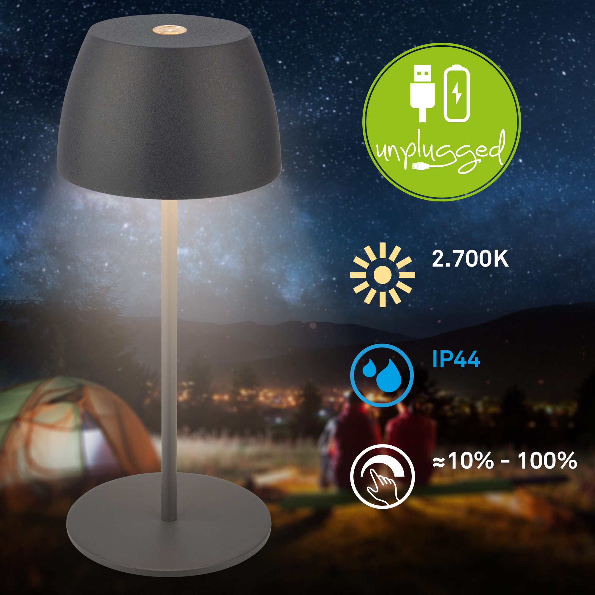 Briloner Leuchten Tischleuchte Akku Tischlampe dimmbar kabellos Außen/Innen, Ladekabel, LED fest integriert, 2700K - Extra - Warmweiß, Tischlampe kabellos 20 x 8 cm Anthrazit 2,5W Wohnzimmer Schlafzimmer