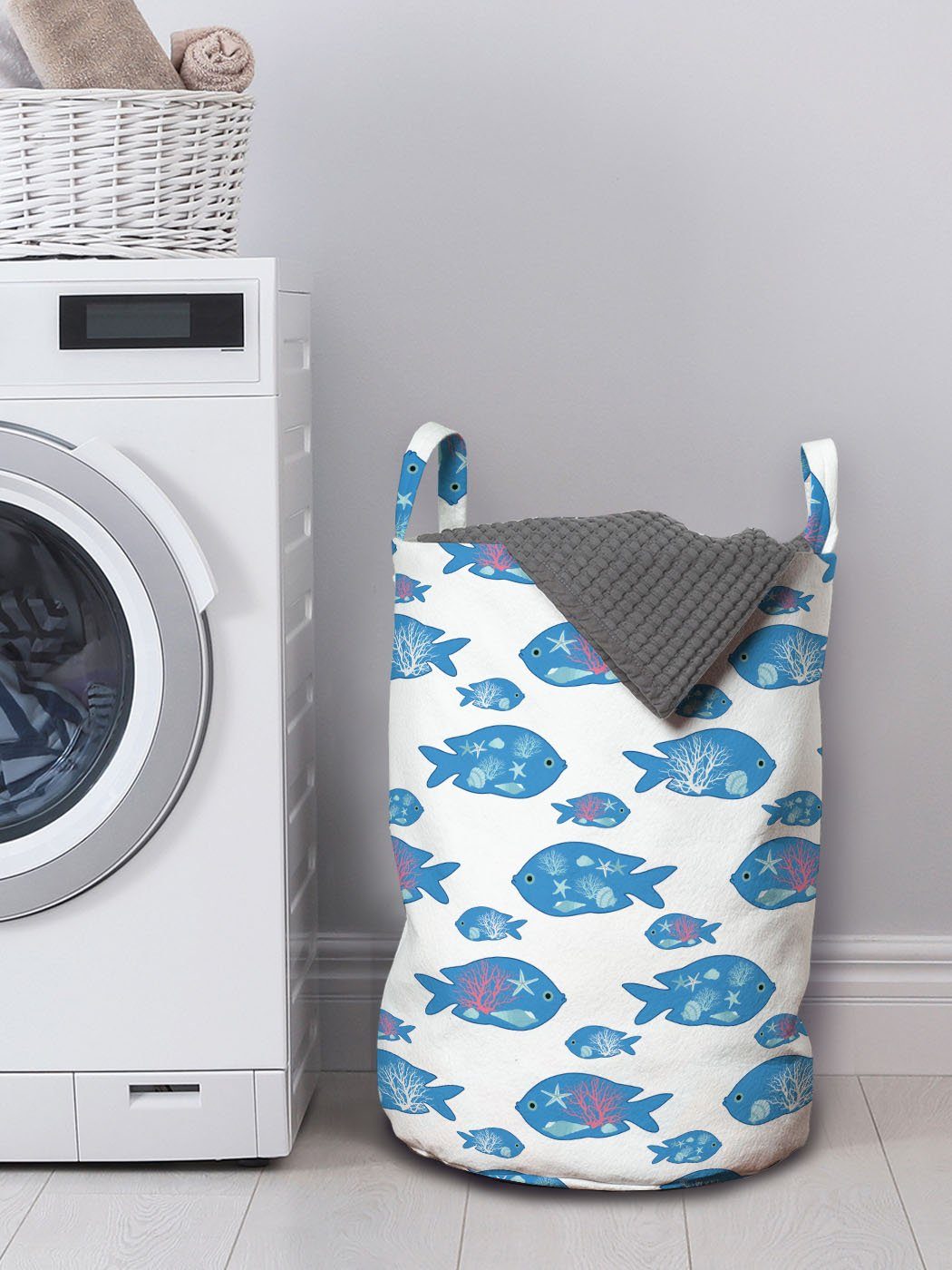 Abakuhaus Wäschesäckchen Wäschekorb mit Design Waschsalons, Meer Abstrakte Kordelzugverschluss Nautisch Griffen für Fische