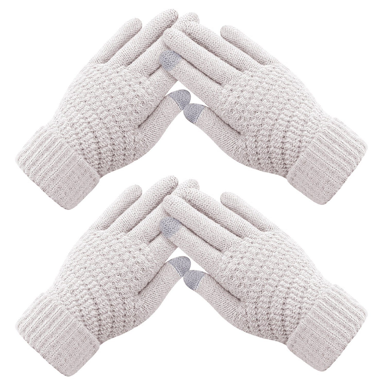 MAGICSHE Fleecehandschuhe Damen Touchscreen Wolle Strickhandschuhe 2 Paar Weiß