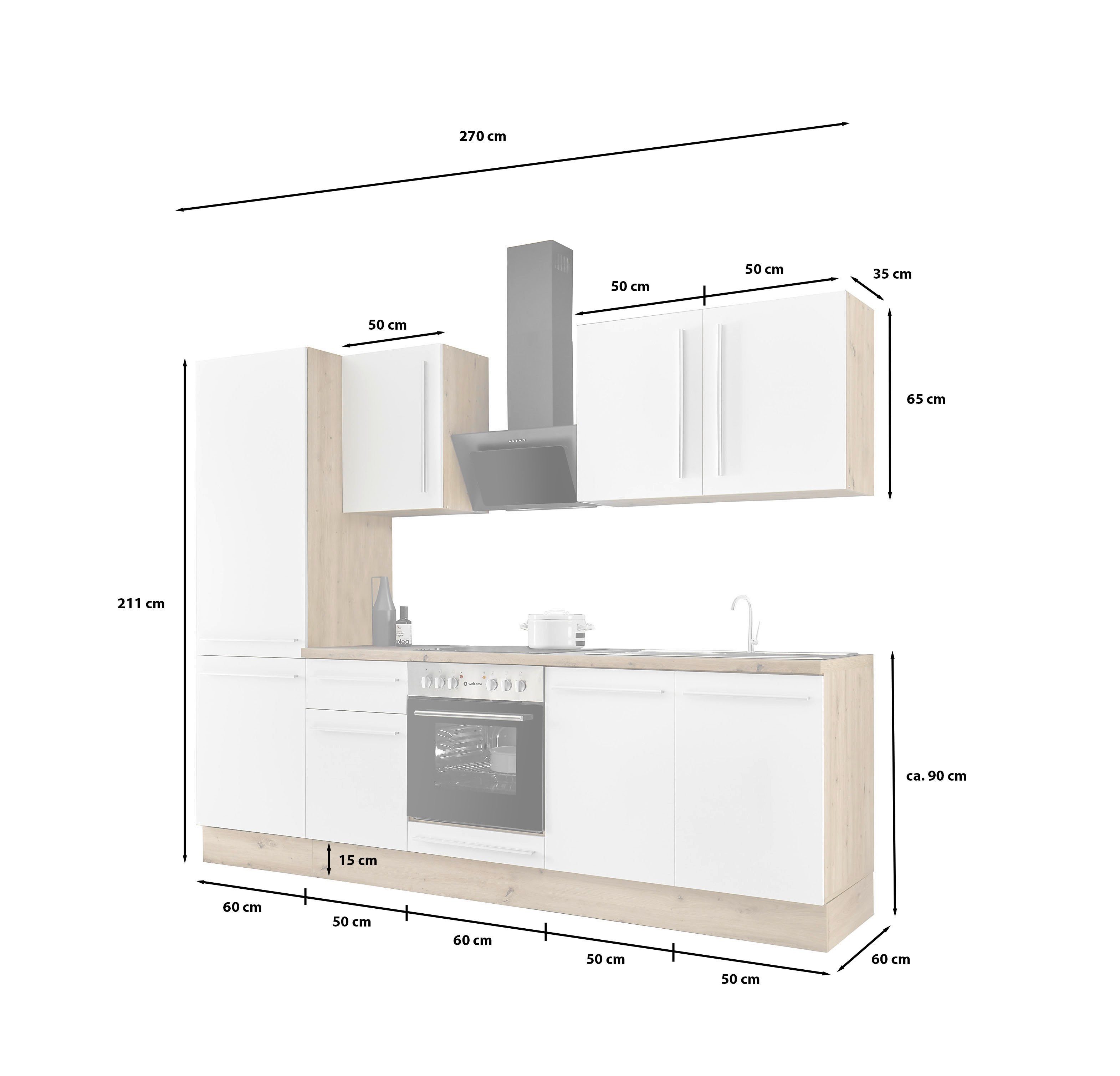 KOCHSTATION Küchenzeile KS-Florida mit 38mm starker Arbeitsplatte, Breite 270 cm, wahlweise mit E-Geräten, Soft-Close-Funktion