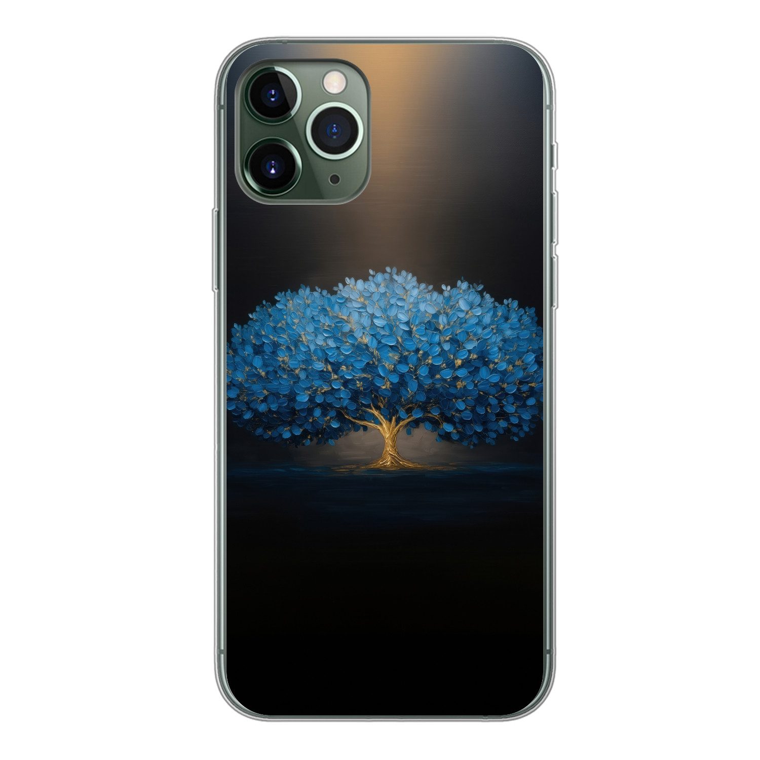 MuchoWow Handyhülle für Apple iPhone 11 Pro Baum - Blau - Blätter - Pinselstriche, Smartphone-Bumper, Print, Handy Schutzhülle Dünn