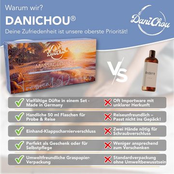 DaniChou Massageöl Tropical Dreams Probierset, 1-tlg., 4x 50ml - Vanille, Kokos, Erwärmend, Amyris-Lavendel