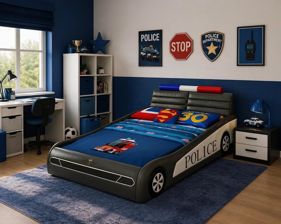 JVmoebel Autobett Schwarzes Kinderbett Polizeiauto LED Bett für Jungen Kinderbetten, Made in Europa