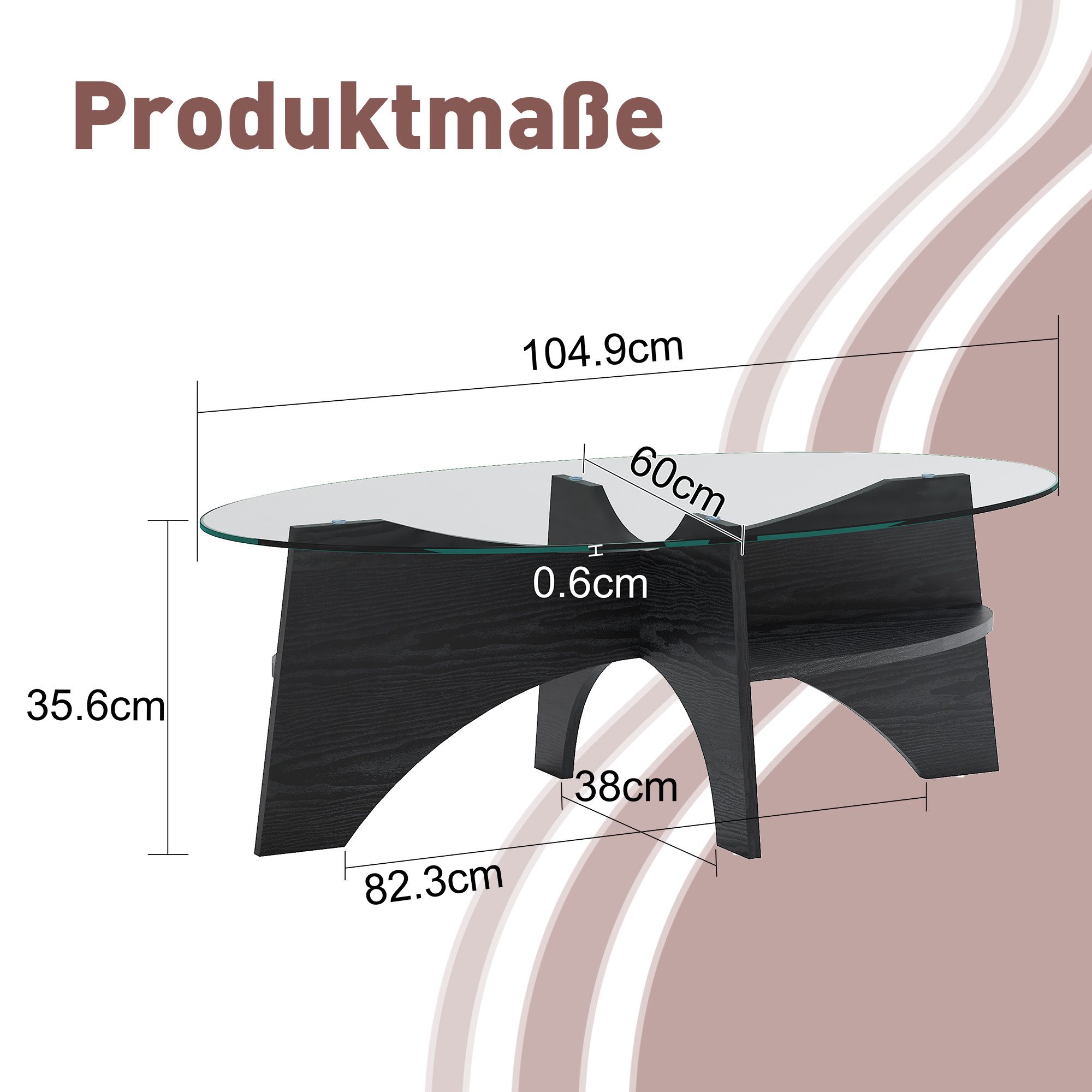 gopop Couchtisch Ovaler Glas-Wohnzimmertisch mit Stauraum, 6mm Hartglas (1-St), als Beistelltisch & Serviertisch 105x60x36cm