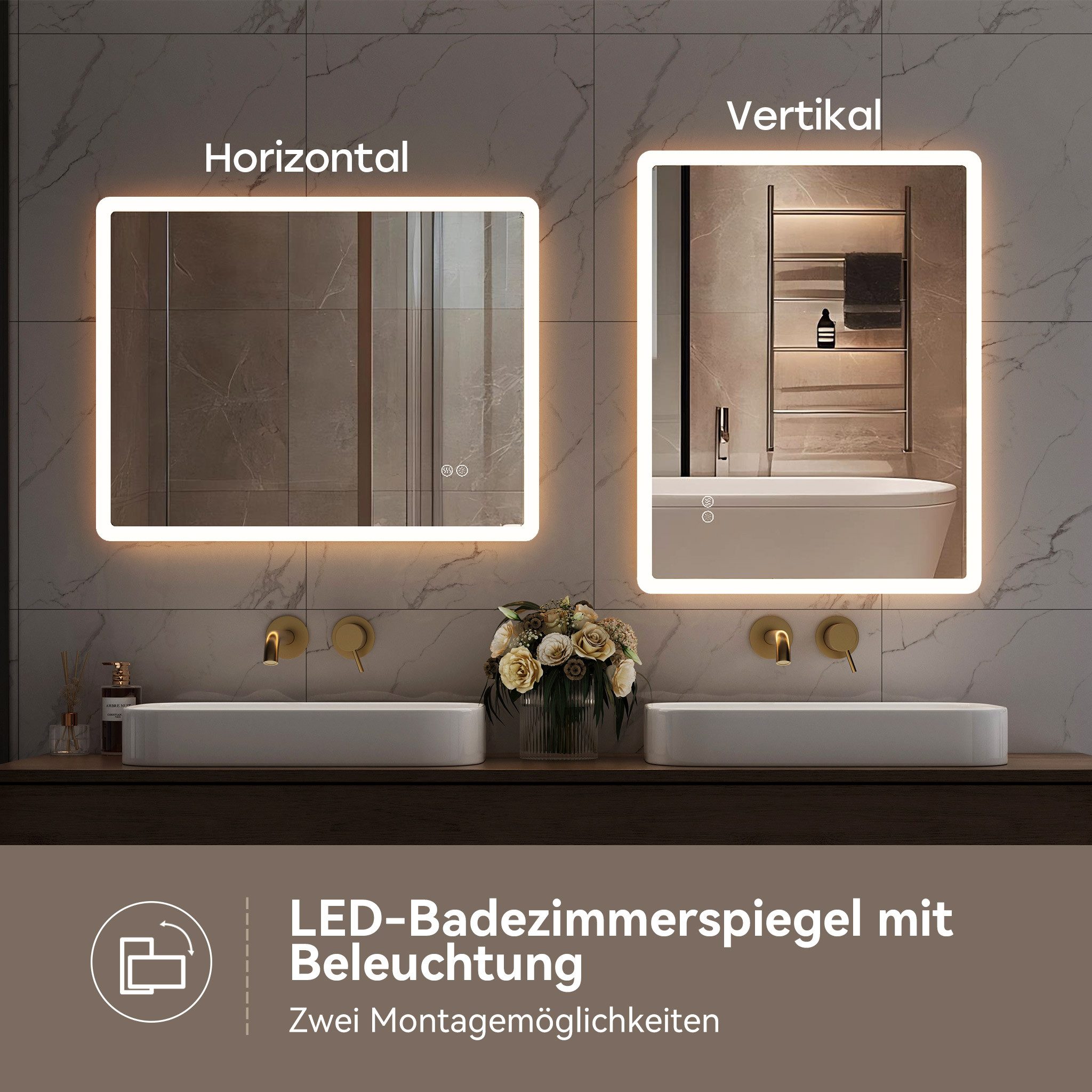 HOROW Badspiegel Badspiegel LED Badezimmerspiegel Rechteckig Lichtfarbe einstellbar (Kaltweiß/Neutralweiß/Warmweiß Licht, Dimmbar, Memory Funktion, IP44, 3 Lich – Bild 3 von 5