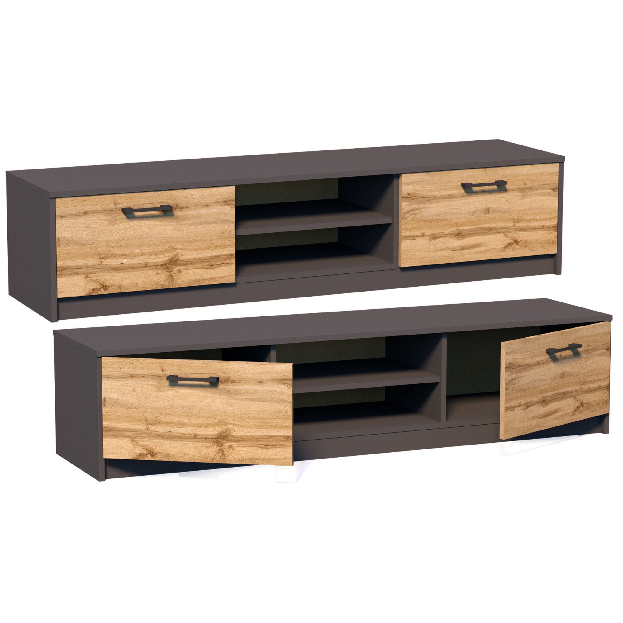 Home Collective TV-Schrank 160cm breit Lowboard mit matter Oberfläche Fernsehtisch (abgerundete Kante und Metall-Rollschienen Fernsehkommode) mit 2 Türen und 2 Regalen, aus laminiertem Board graphit Eiche