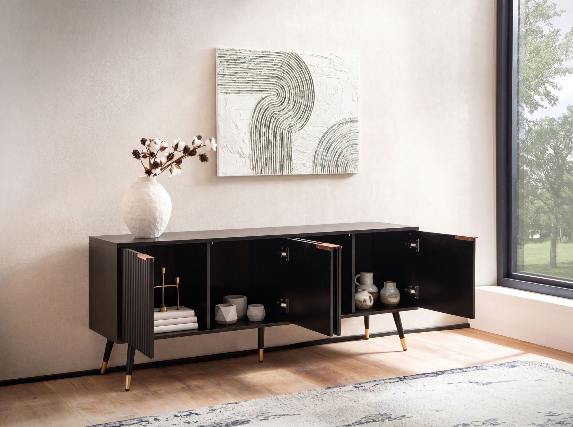 FINEBUY Lowboard FB103277 TV Schrank 150 cm Schwarz Türen Fernsehkommode Eiche Modern (TV-Kommode Hoch, TV-Schrank Modern Fernsehtisch), Schwarz Eiche-Dekor, 150x60x39 cm, vier Türen