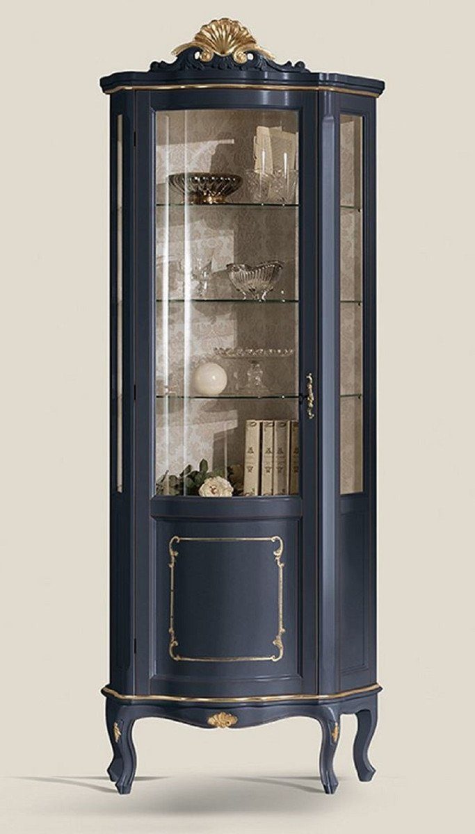 Casa Padrino Vitrine Luxus Barock Vitrine Blau / Gold - Prunkvoller Barock Vitrinenschrank mit Glastür und 3 Glasregalen - Barock Möbel - Luxus Qualität - Made in Italy