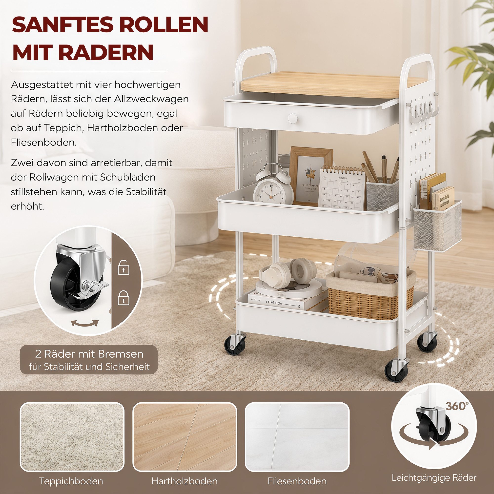 GLIESE Beistellwagen Vielseitiger Küchenwagen, Servierwagen, für Küche, Büro, Wohnzimmer, 2 Hängekörben, 4 Haken, 2 Lochplatten,1 Schublade, Bremsrollen, Griff – Bild 3 von 5