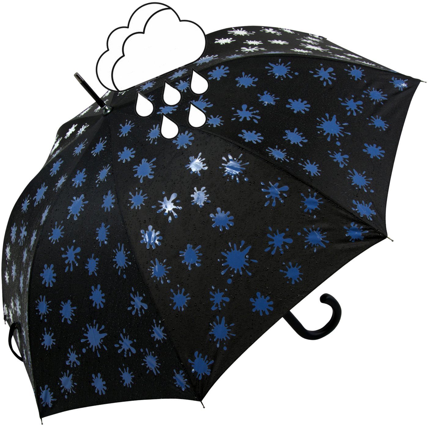 iX-brella blau Farbkleckse schwarz-weiß-blau bei Langregenschirm und Print, Automatik Wet - Farbänderung mit Damenschirm Nässe iX-brella