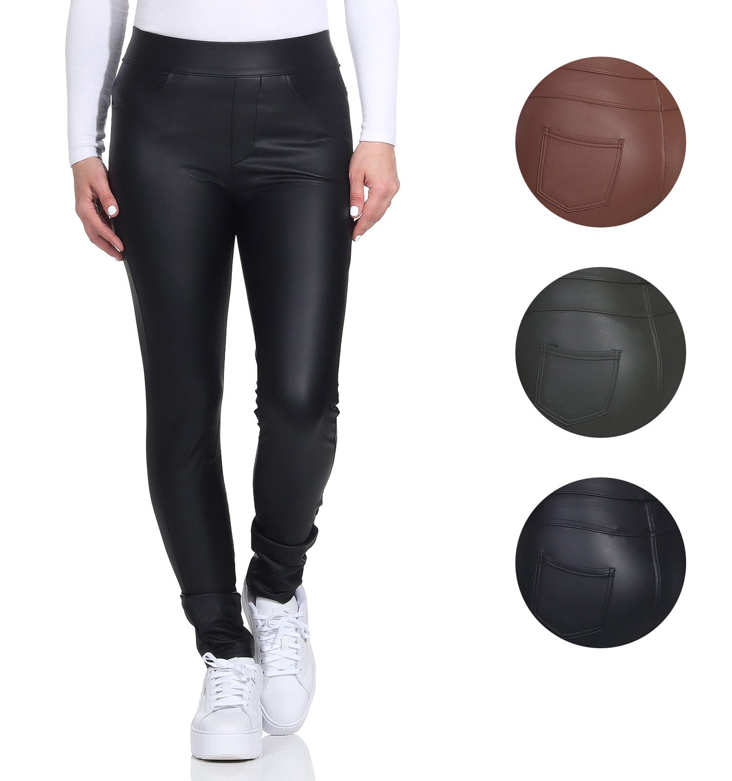 Aurela Damenmode Thermoleggings Damen Leder Hose gefütterte Leggings extra Slim, breiter Gummizug, moderner 5 Pocket-Style