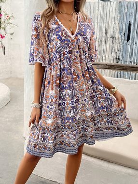 BlauWave Dirndl Bedrucktes Kleid mit V-Ausschnitt für Frühjahr/Sommerferien (1-tlg) Holiday Casual Kleid mit kurzen Ärmeln