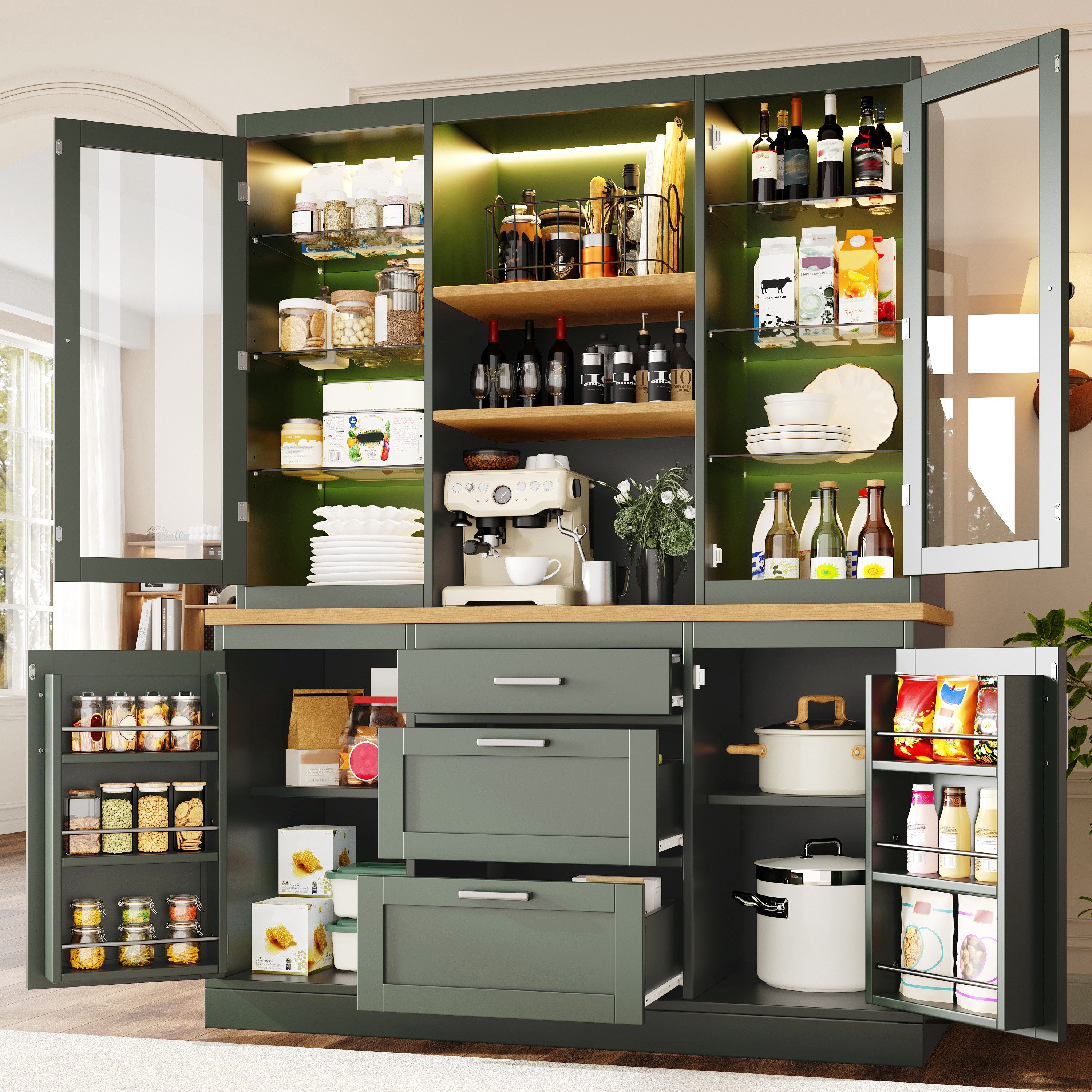 Flieks Küchenbuffet mit LED-Beleuchtung, verstellbarer Glaseinlegeböden und Arbeitsplatte (1-St., B140/T40/H185 cm) Hochschrank Küchenschrank Glasvitrine in Landhausstil Grün