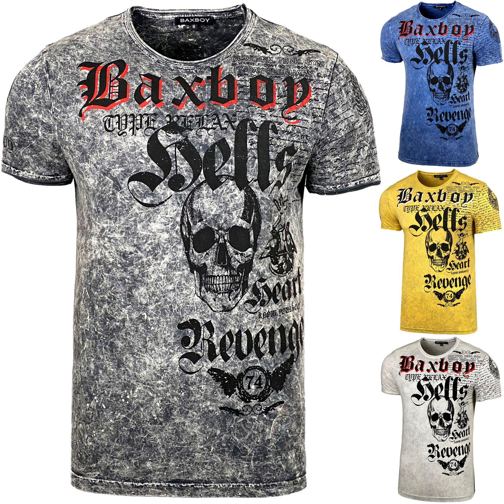 T-Shirt Baxboy T-Shirt Oil Washed Totenkopf mit All-Over Print B-06