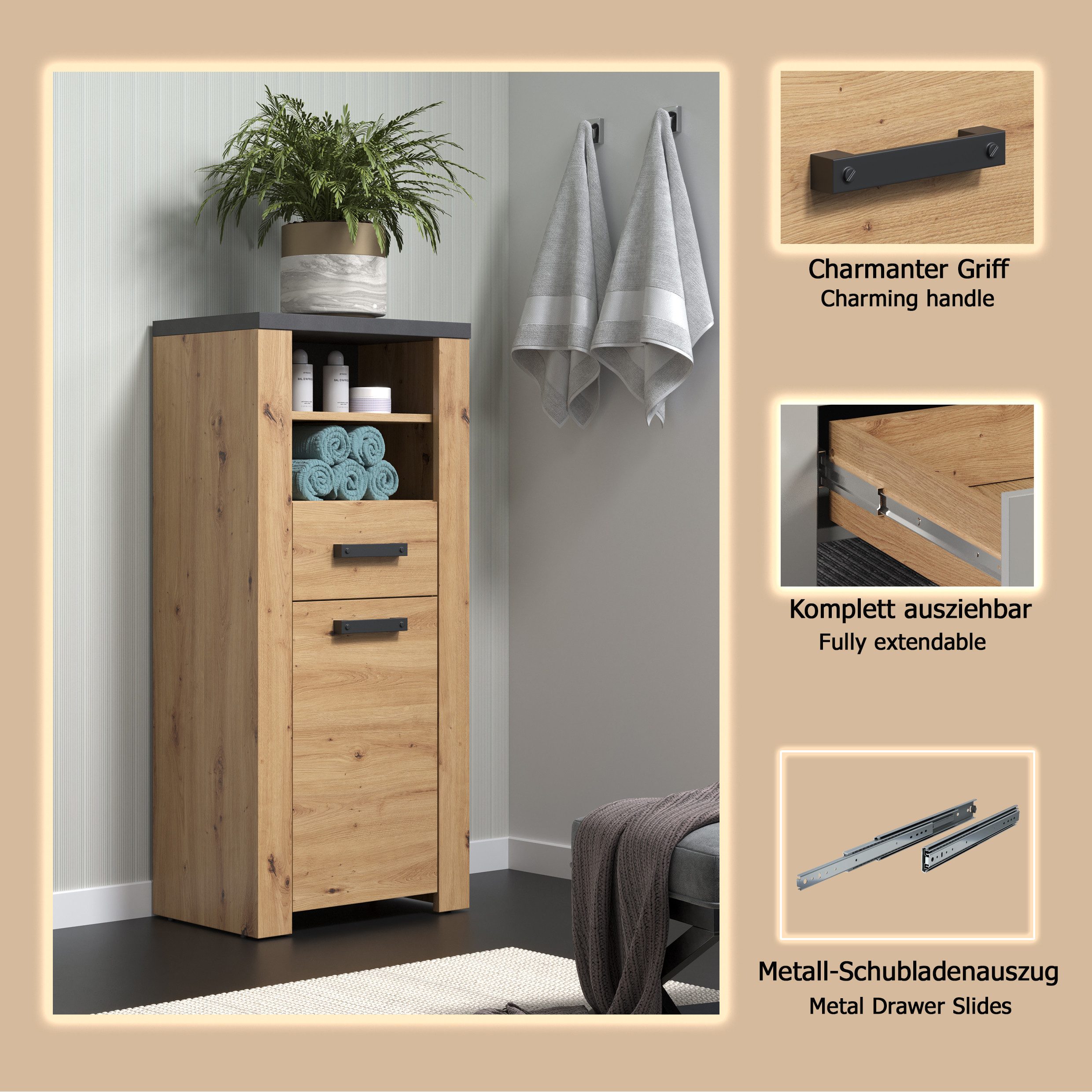 welltime Midischrank Ambres (1-St) Badschrank in matter Echtholzoptik - Maße (B/T/H) 53/35/118 cm