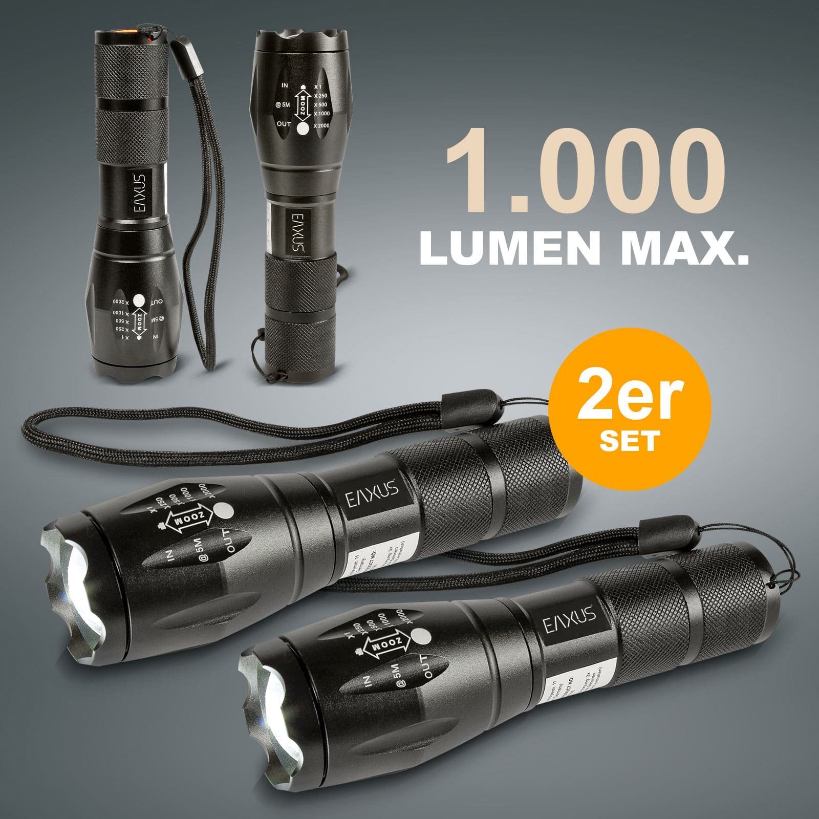 EAXUS LED Taschenlampe Taktische Taschenlampe Zoombar (2-St), 5 Leuchtmodi, günstig online kaufen