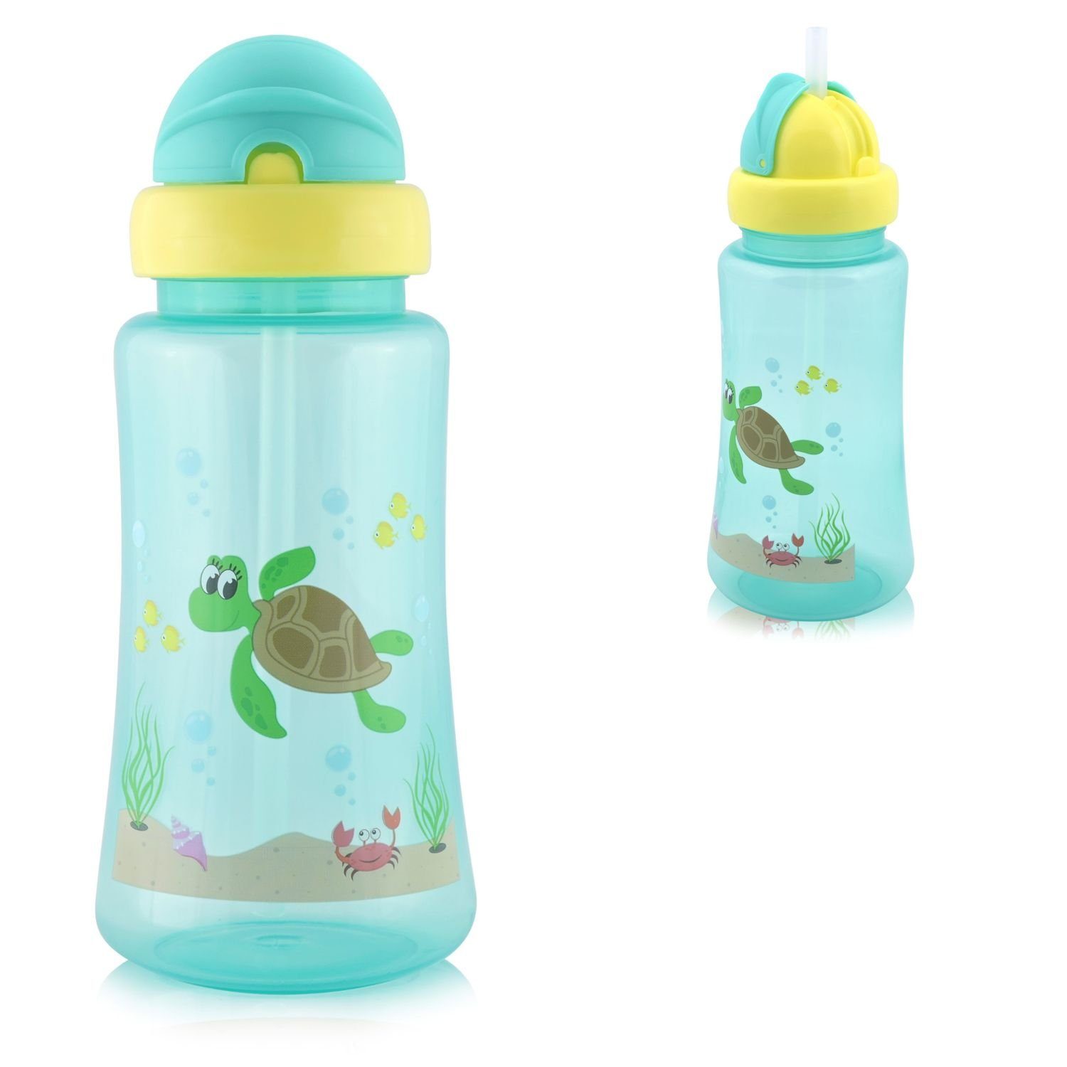 Baby Care Trinkflasche Trinkflasche Sport Sipper 330ml, Strohhalm, Tiere, Schutzdeckel grün