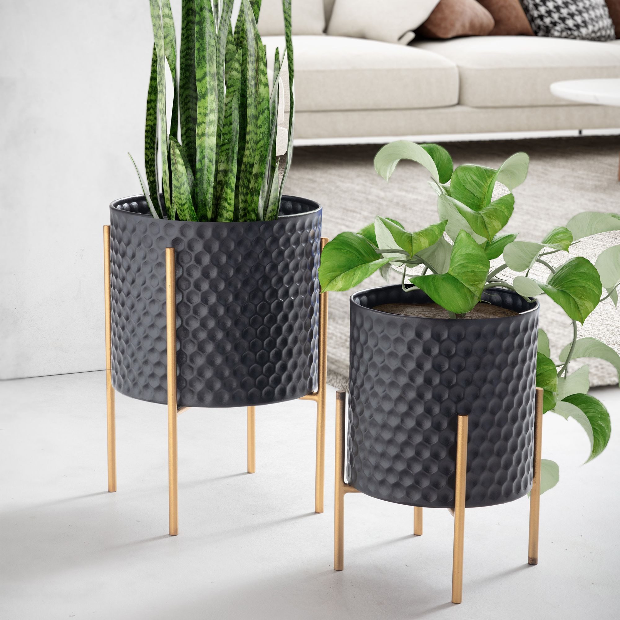 FINEBUY Pflanzkübel FB92214 Blumentopf Pflanzenkübel 2er Set Metall Schwarz Gold Rund (Blumentopf 2er Set Metall Schwarz Gold Rund), Pflanzenkübel 2-teilig, Blumenkübel Pflanzgefäß