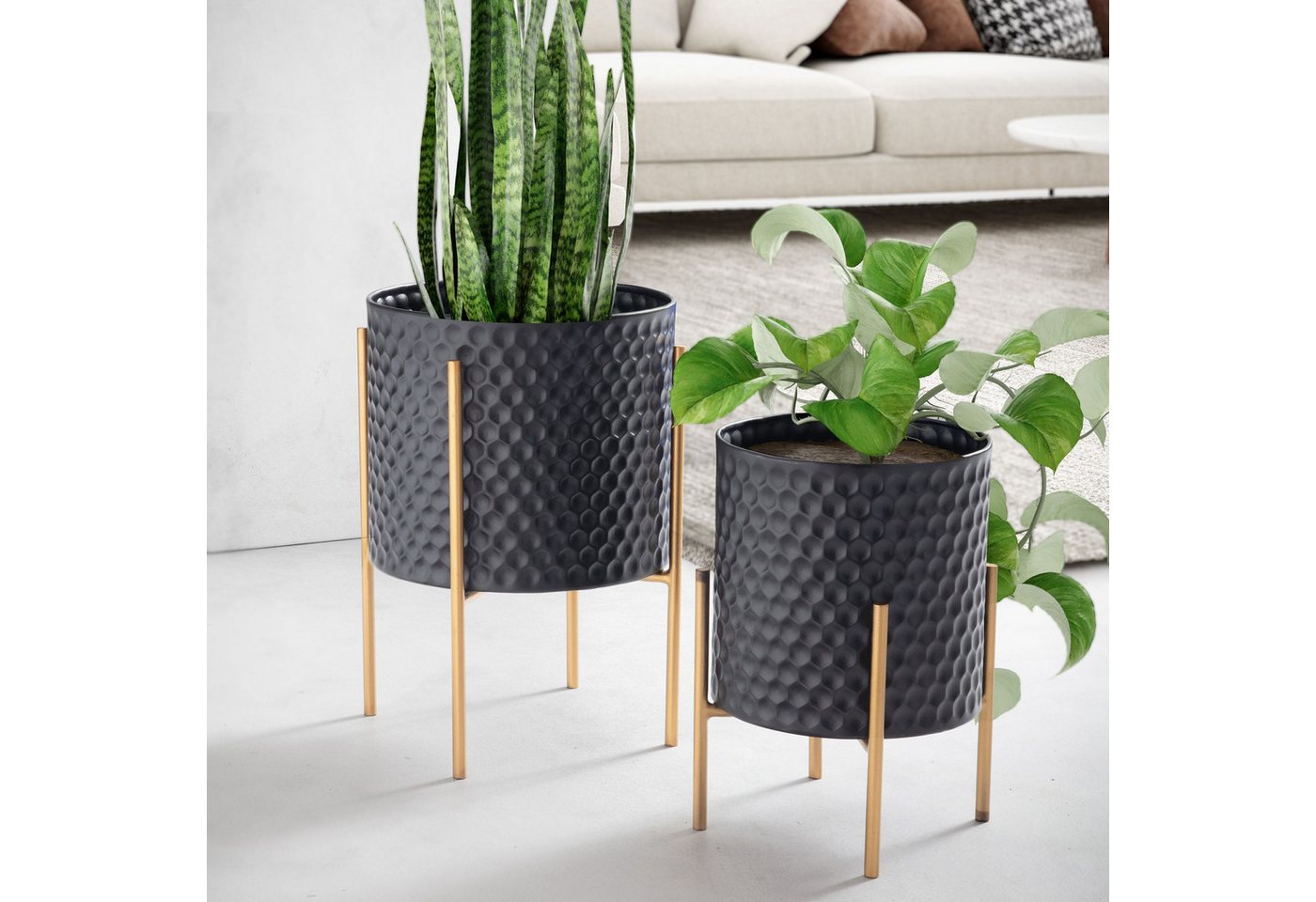 Thumbnail - Wohnling Pflanzkübel (Blumentopf 2er Set Metall Schwarz Gold Rund), Pflanzenkübel 2-teilig, Blumenkübel Pflanzgefäß