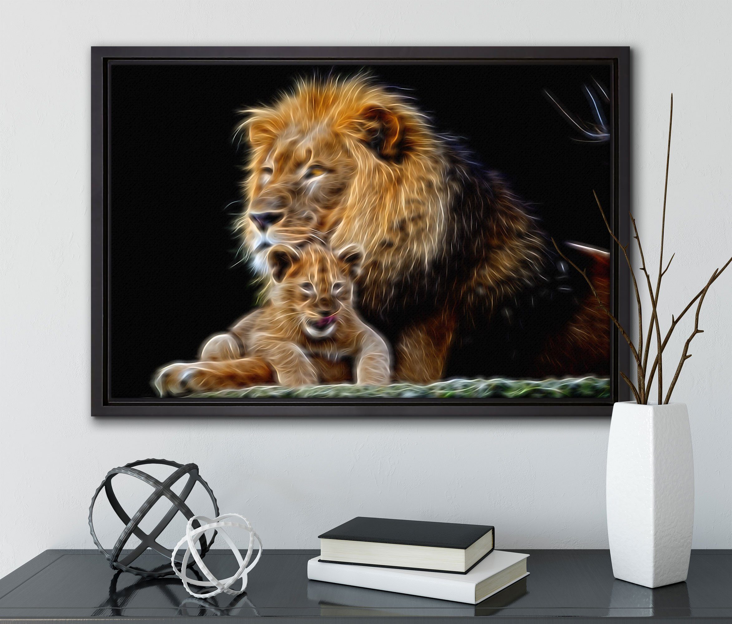 Pixxprint Leinwandbild lieber Löwe bespannt, fertig in einem Zackenaufhänger Wanddekoration mit gefasst, inkl. Jungtier, Leinwandbild Schattenfugen-Bilderrahmen St), (1