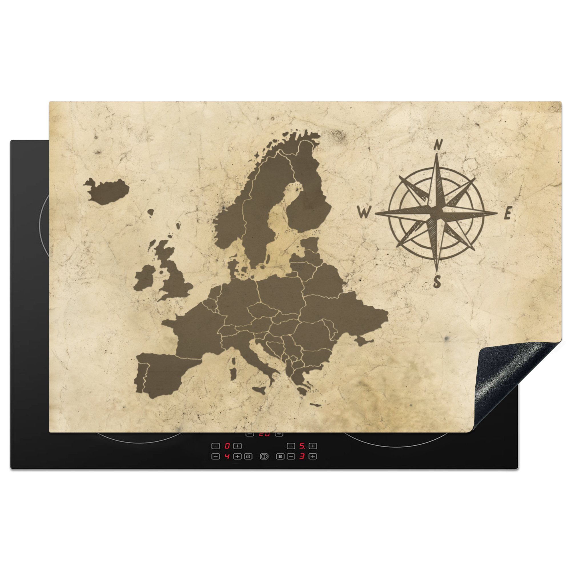 MuchoWow Herdblende-/Abdeckplatte Karte - Europa - Kompass, Vinyl, (1 tlg), 81x52 cm, Induktionskochfeld Schutz für die küche, Ceranfeldabdeckung