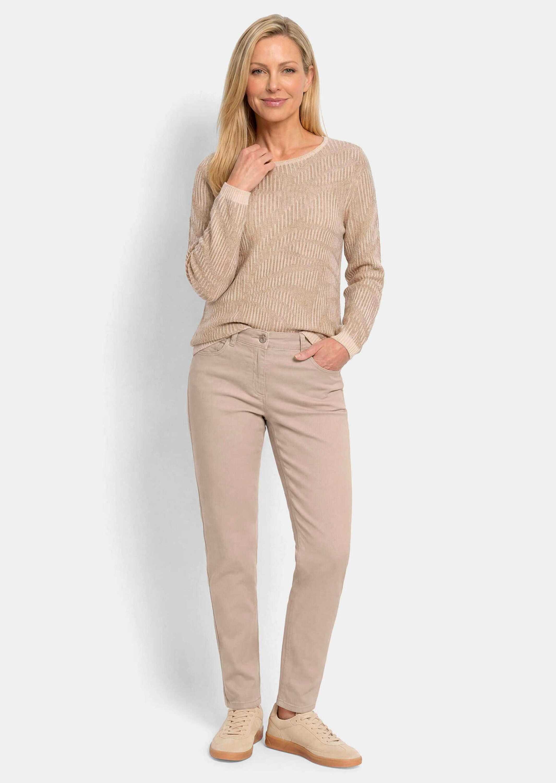 GOLDNER 5-Pocket-Jeans Kurzgröße: Baumwoll-Stretch Mom Jeans SARA Lange bequeme Jeans mit modischer Waschung und Formbund