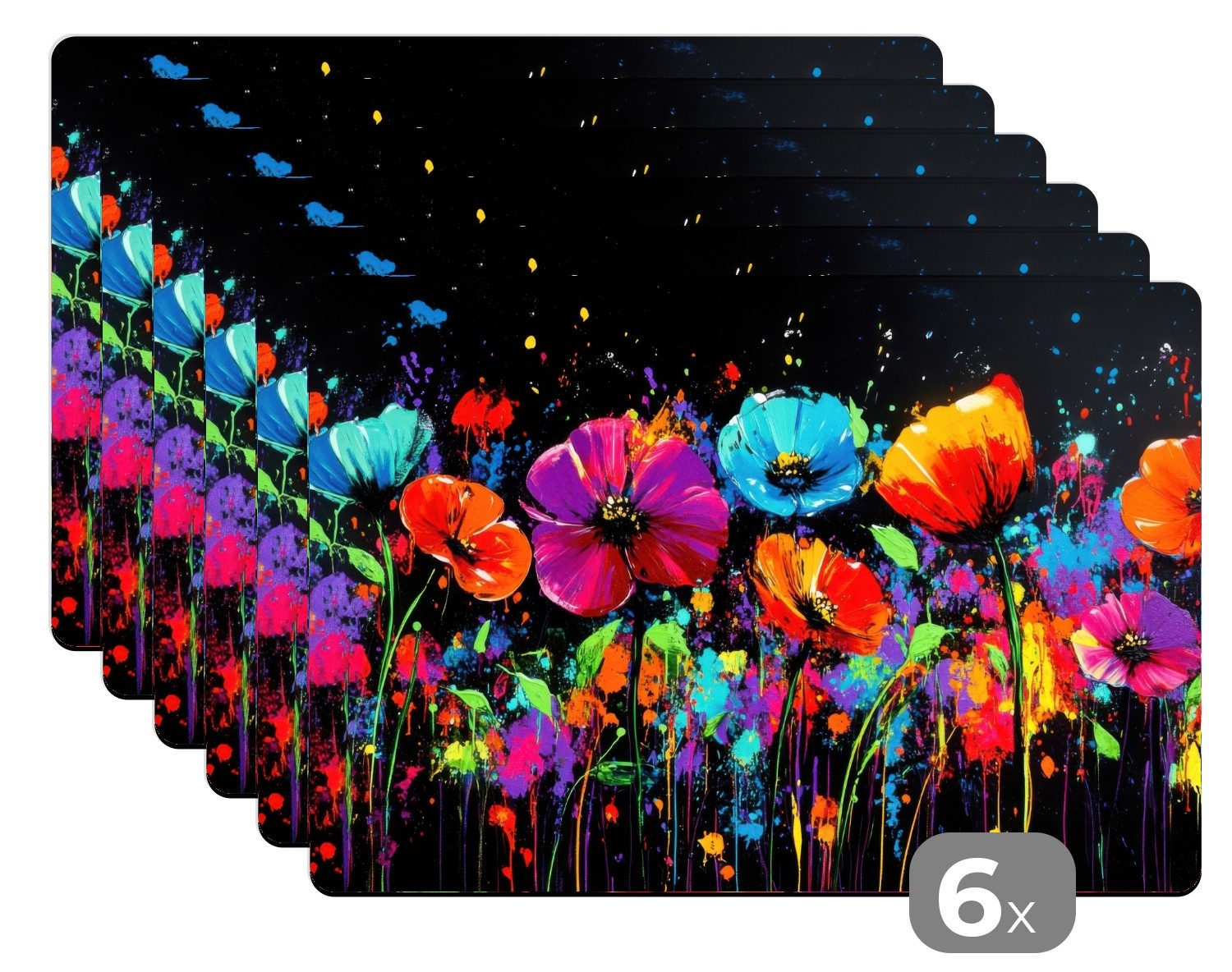 MuchoWow Platzset Blumen - Bunt - Spritzer, (6-St), Platzsets, Tischset, Abwaschbar, Tischsets, Platzdeckchen