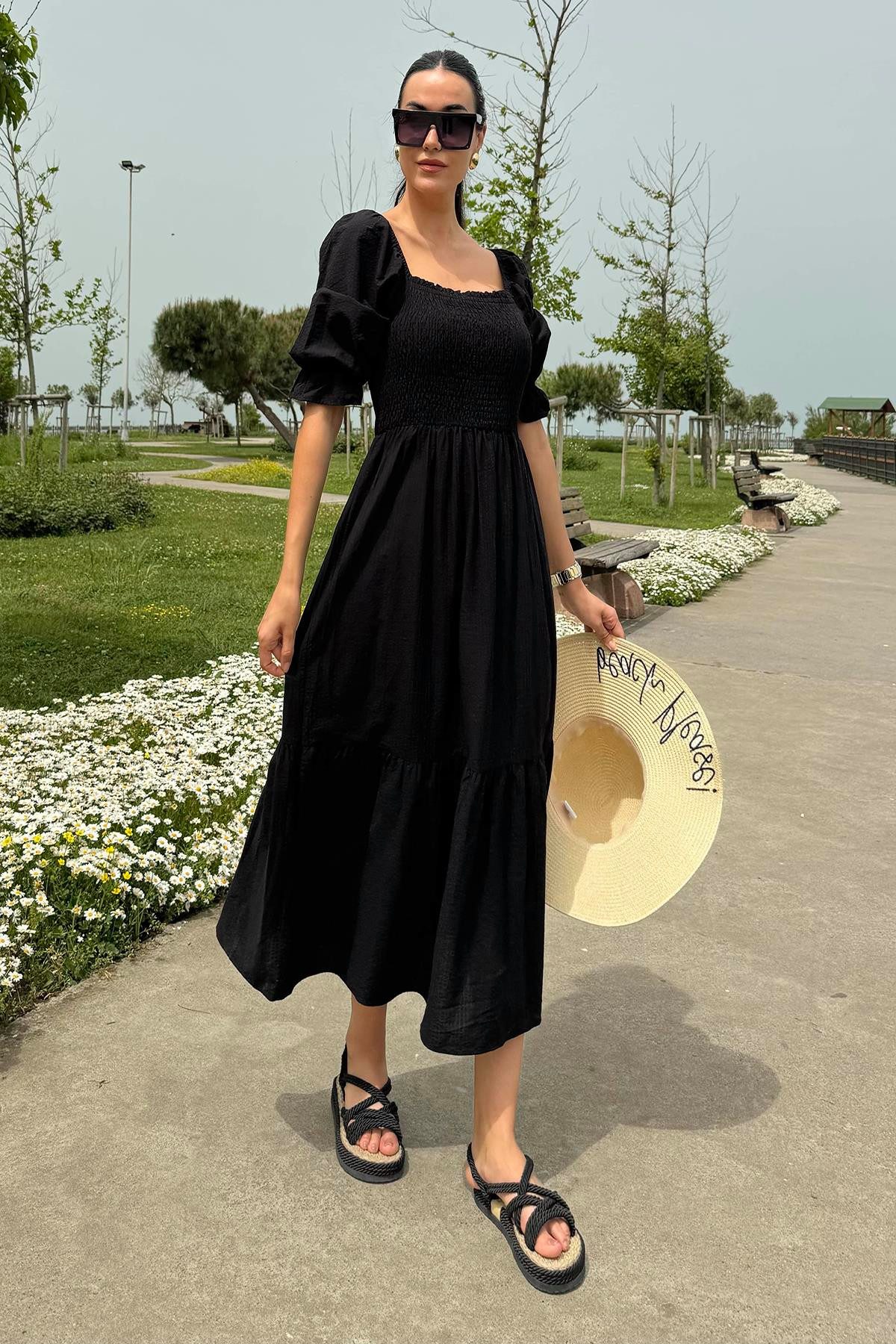 Midikleid Schulter Elastisches Schwarzes Kleid