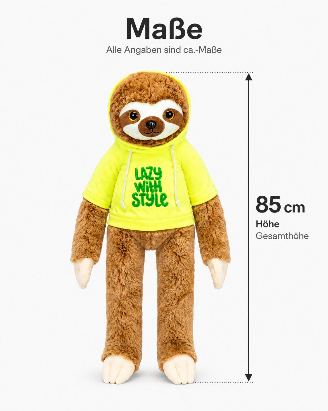 soma Kuscheltier Faultier Kuscheltier XXL 85 cm Plüschtier Plush Stofftier Lazy Gelb (Set, 1-St., Geschenk-Set), Riesiges Faultier mit blauem „Chill“-Hoodie zum Kuscheln & Verschenken