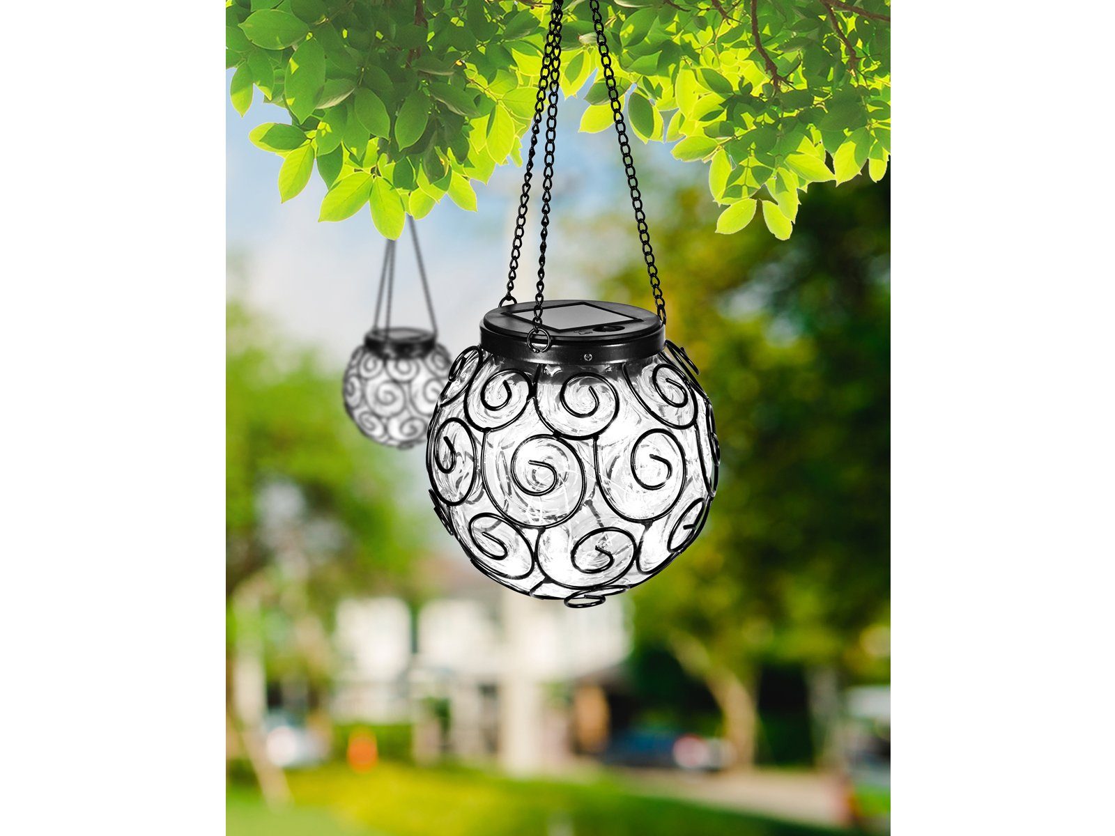 Set meineWunschleuchte warmweiß, LED LED Solarlaterne-n fest Hängeleuchte außergewöhnliche Ø14,5cm Transparent-Schwarz Solarleuchte, integriert, 2er Outdoor,