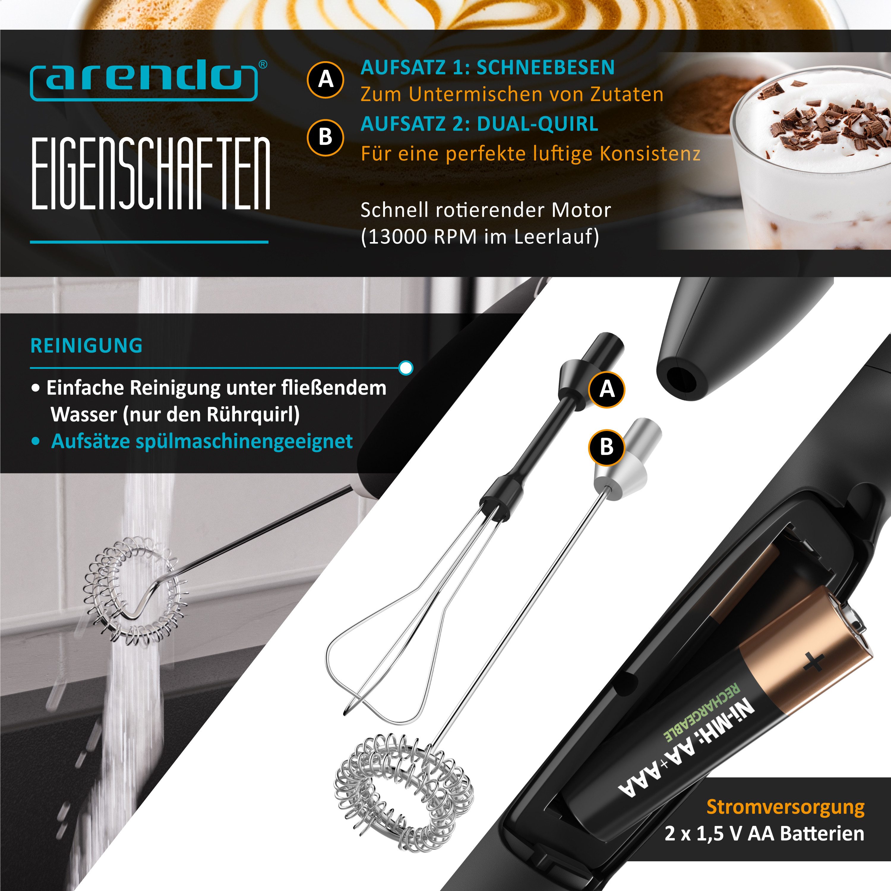 Arendo Milchaufschäumer Batteriebetriebener Handaufschäumer, Dual-Quirl & Schneebesen, leise, 13.000 U/min, Soft-Touch, einfache Reinigung, für Cappuccino, Shakes