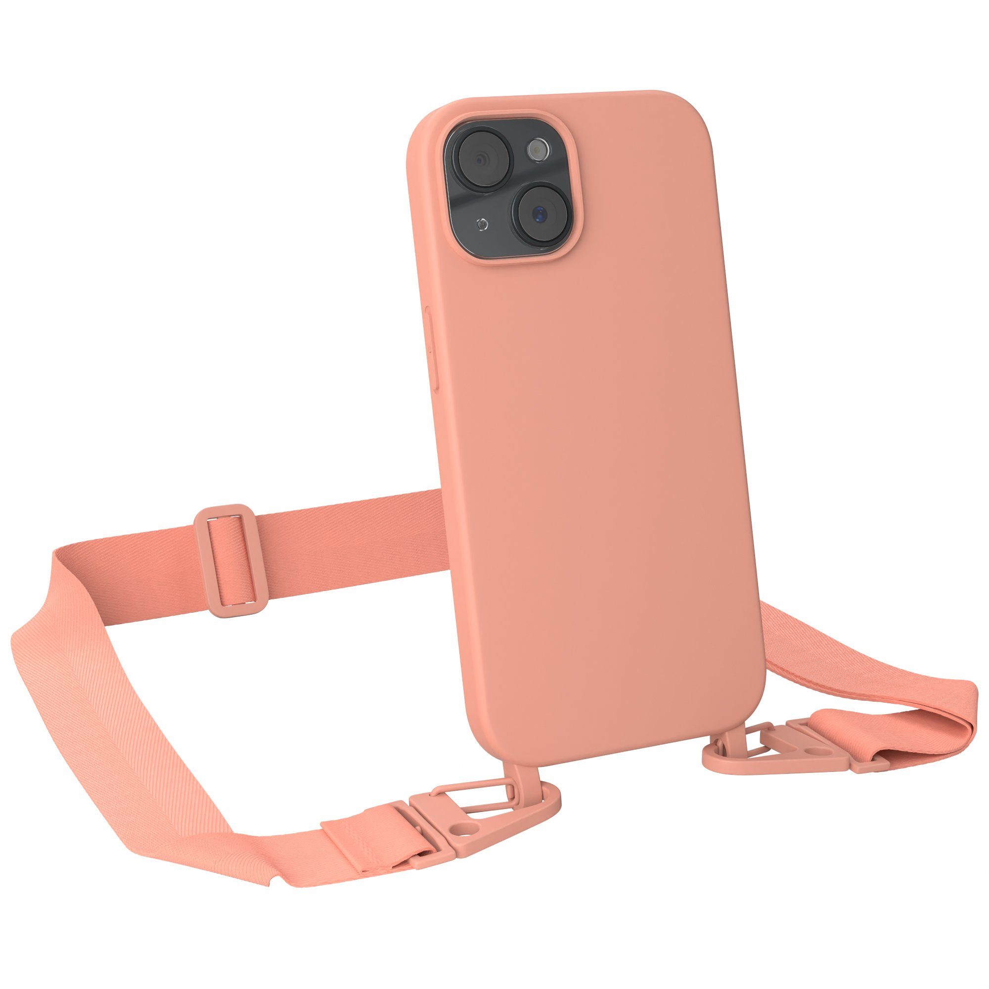 EAZY CASE Handykette Karabiner Breitband für Apple iPhone 15 6,1 Zoll, Silicon Handyhülle mit breiter Kette Carabiner Necklace Altrosa Coral