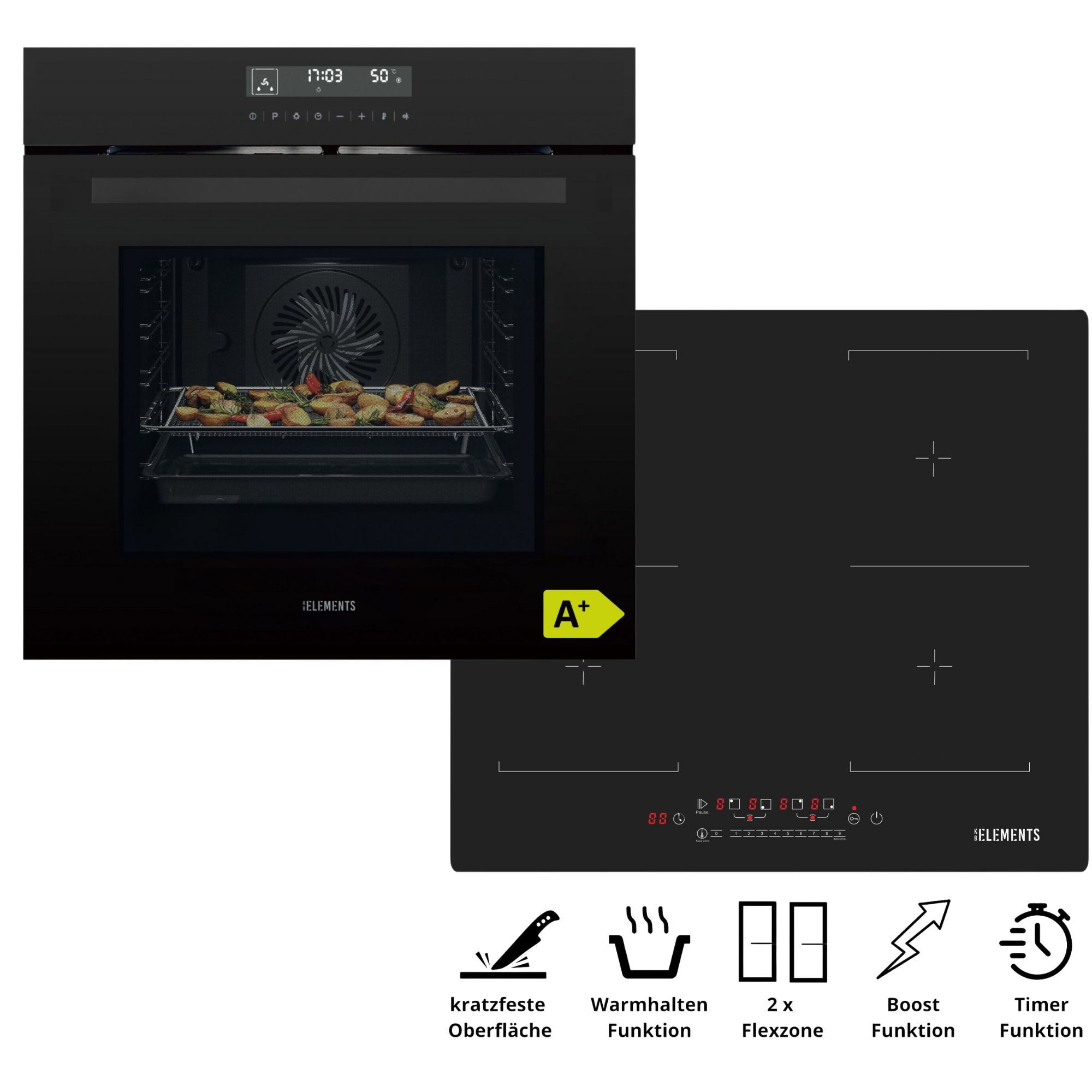 KB Elements Induktions Herd-Set Einbaubackofen 60 cm Full Touch, Induktionskochfeld 60cm Kratzfest, mit 2-fach-Teleskopauszug, Einbaubackofen Full Touch, Kratzfestes Induktionskochfeld