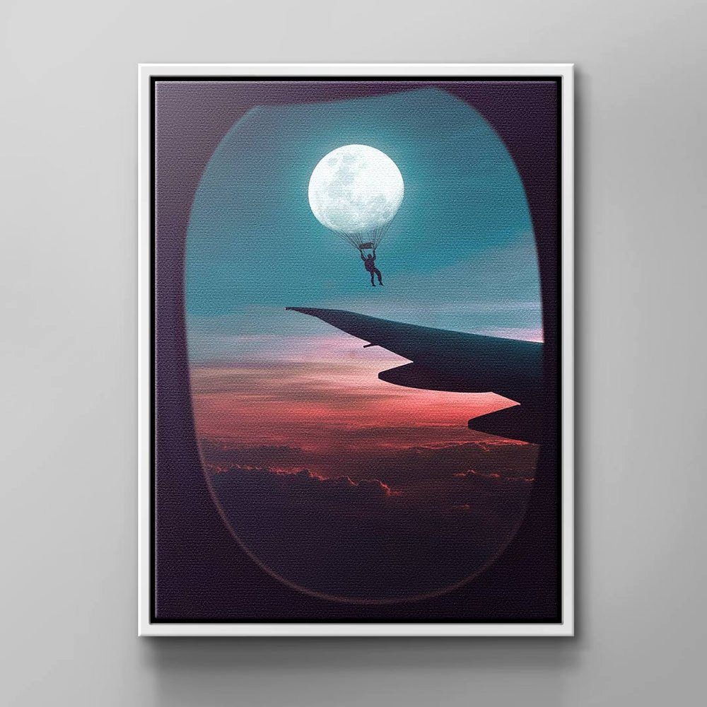 DOTCOMCANVAS® Leinwandbild, Modernes Wandbild mit von weißer & Flugzeug Rahmen Mond Ausblick