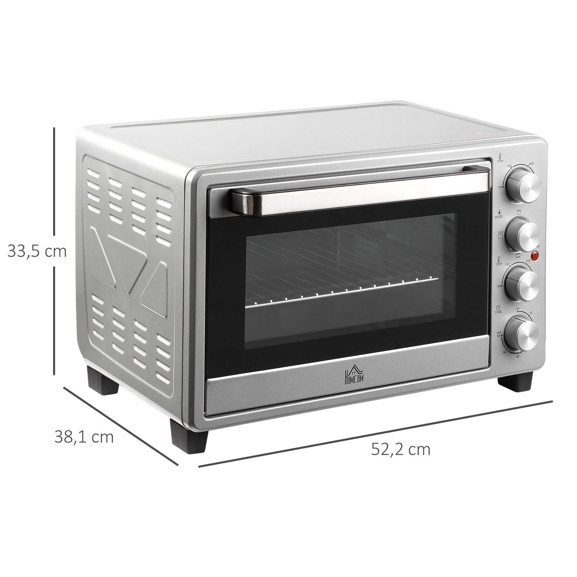 HOMCOM Minibackofen 32L 100 °C-230 °C 1600 W Mini Ofen mit Backblech Krümelblech, Silber 52,2 x 38,1 x 33,5 cm – Bild 3 von 5