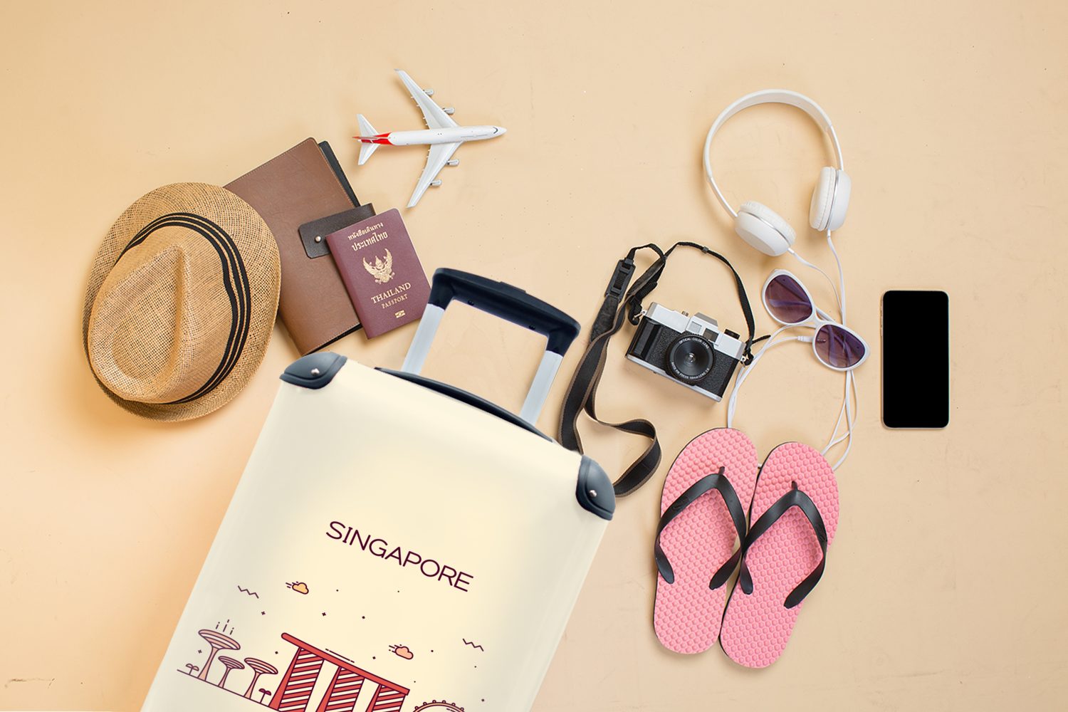 MuchoWow Handgepäckkoffer 4 Skyline für Reisetasche Trolley, Rollen, - Asien, mit Singapur rollen, Ferien, Handgepäck - Reisekoffer