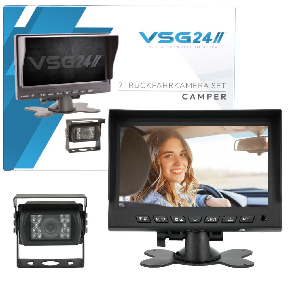 VSG24 7" Rückfahrsystem CAMPER für Wohnmobile inkl. Monitor, Kabel und 1 x Rückfahrkamera (Nachtsicht 12V-24V Wasserdicht Einfache Montage für Wohnwagen LKW)