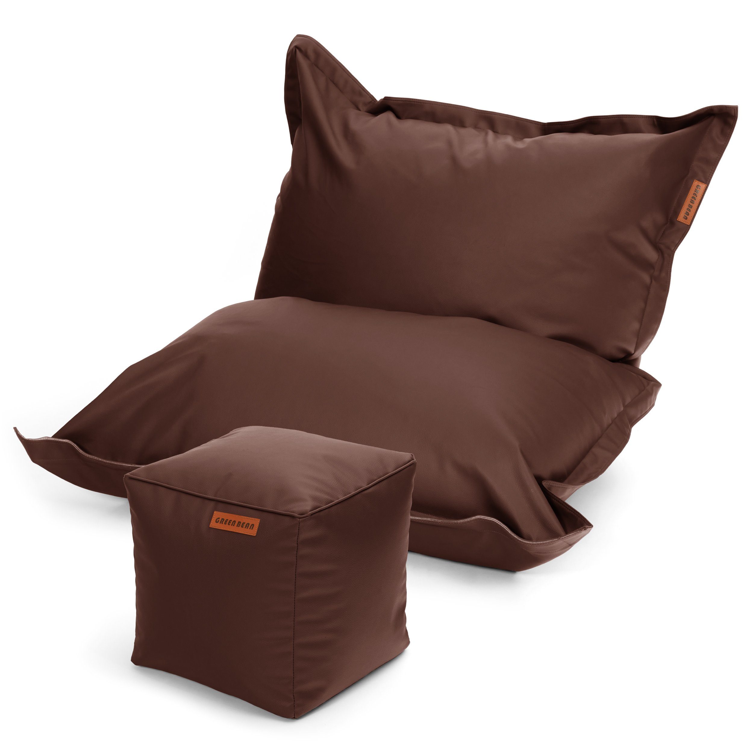 Green Bean Sitzsack XXL inklusive Pouf als Set aus Kunstleder (Indoor & Outdoor, abwaschbarer Bezug, mit), EPS Perlen Füllung ca. 180x140cm - Couch Kissen Riesensitzsack Lounge Cube Dunkelbraun | Sitzsäcke