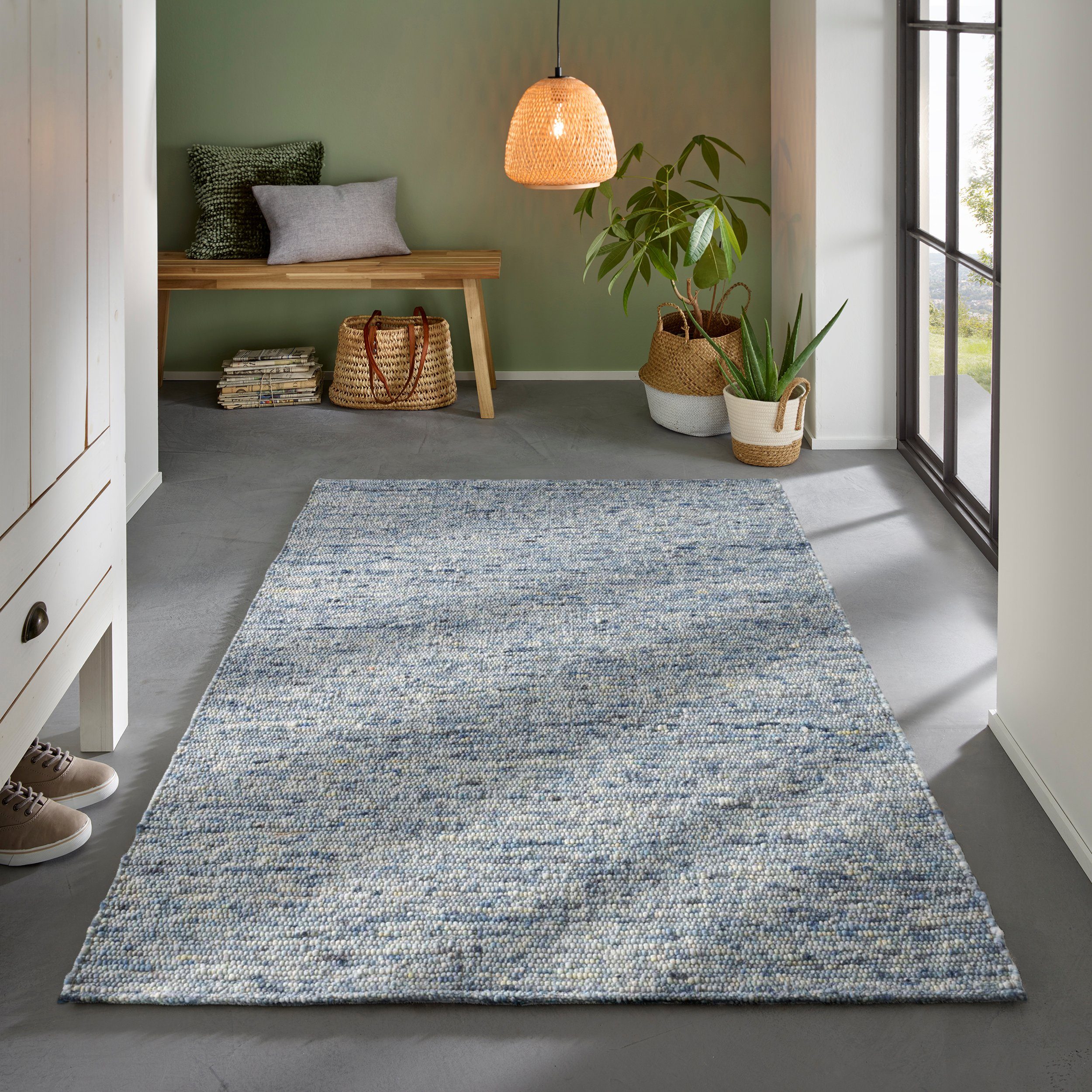 TaCa Home Wollteppich Gewalkter Handweb Woll-Teppich, rechteckig, Höhe: 8 mm, nachhaltige Schurwolle Wohnzimmer Schlafzimmer, Blau - 90 x 160 cm