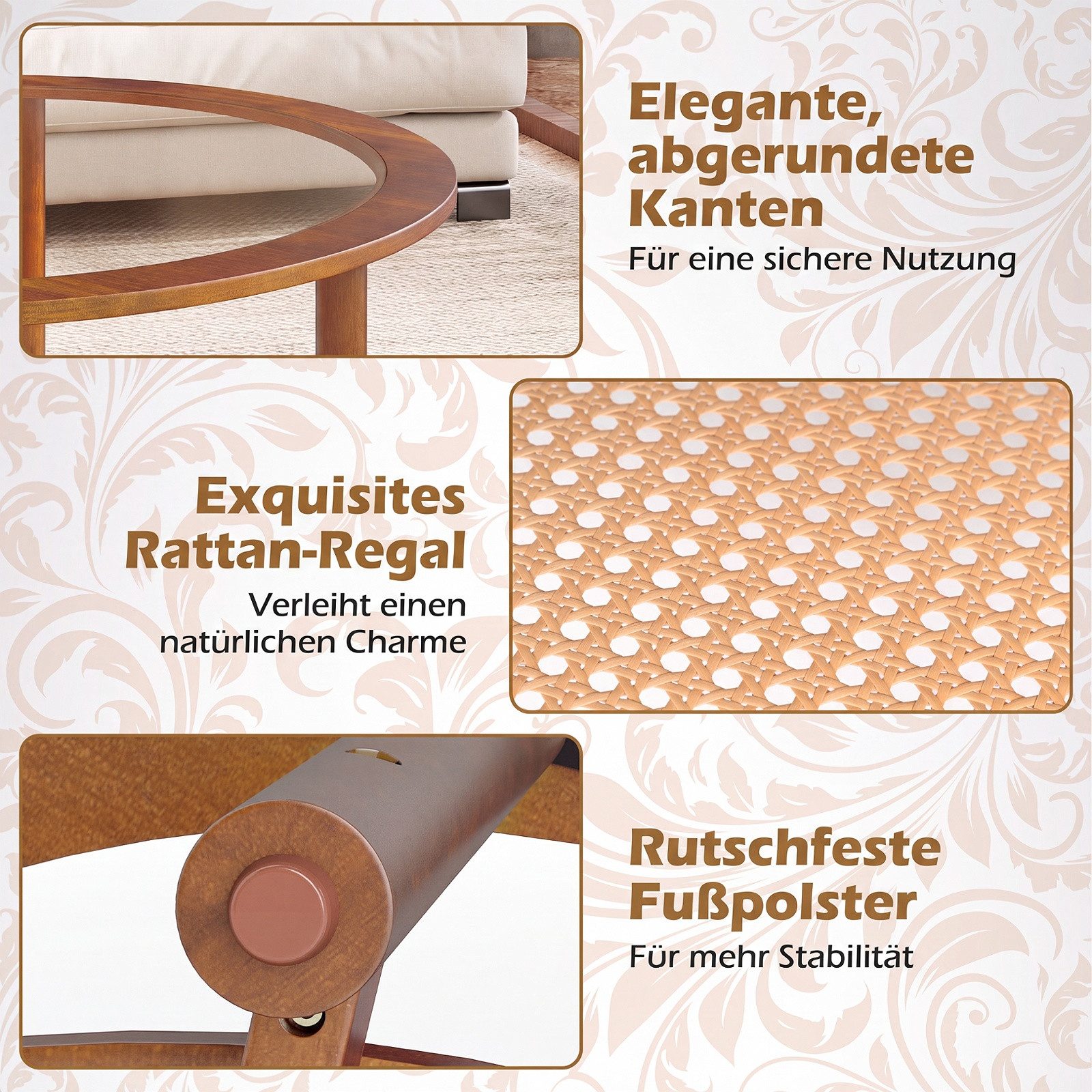 COSTWAY Couchtisch runder Beistelltisch mit Glasplatte & Ablage, 90cm Gummibaumholz – Bild 4 von 5