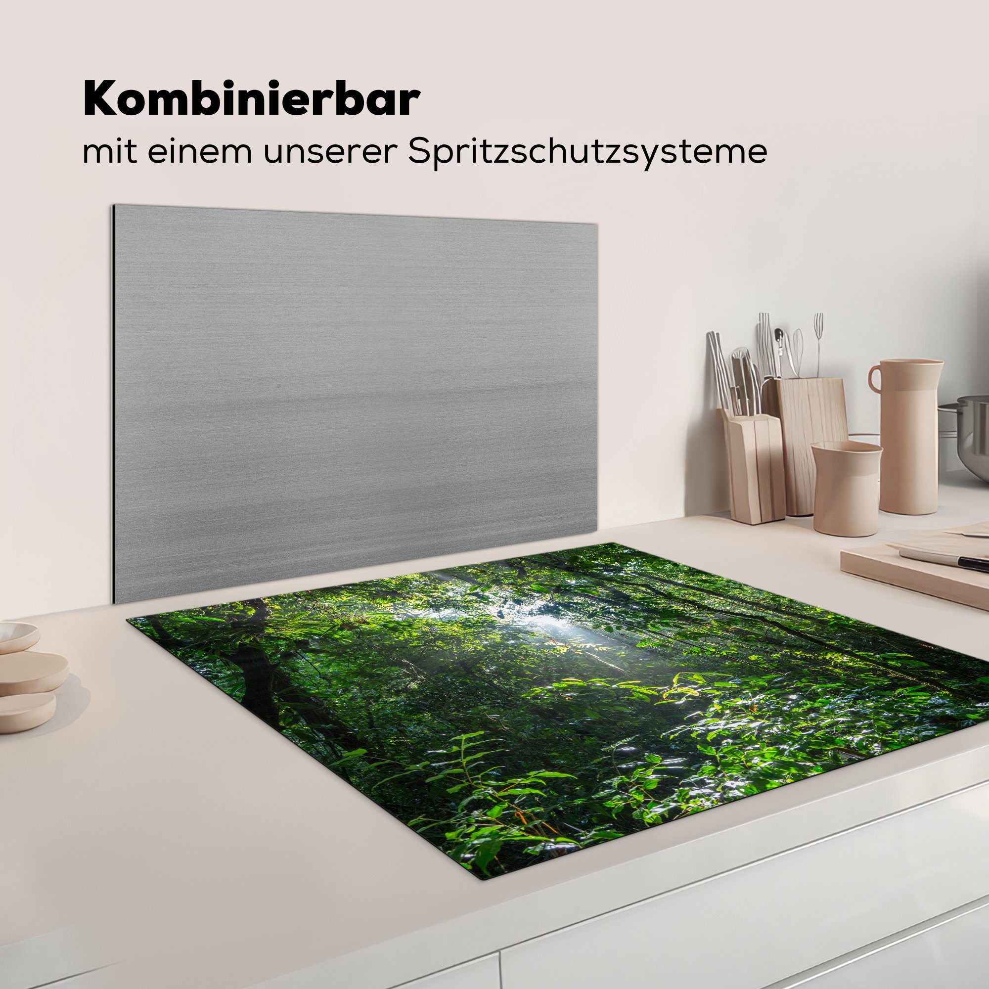 MuchoWow Herdblende-/Abdeckplatte Bäume cm, die für Arbeitsplatte (1 bricht Dschungels küche Sonne durch des 78x78 im, Ceranfeldabdeckung, Vinyl, Die tlg),