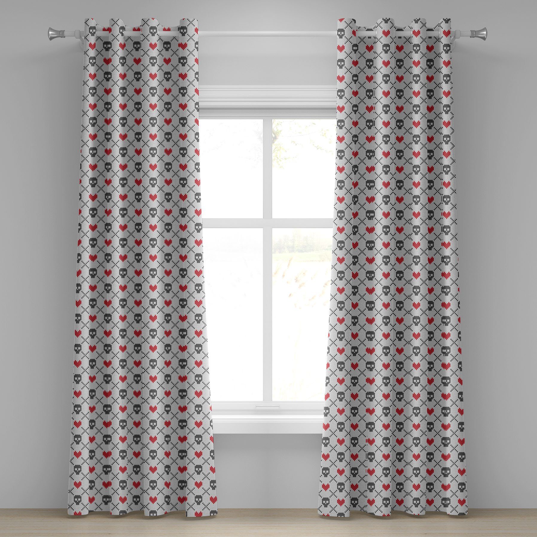 Gardine Dekorative 2-Panel-Fenstervorhänge für Schlafzimmer Wohnzimmer, Abakuhaus, Geometrisch Schädel-Rot-Herzen