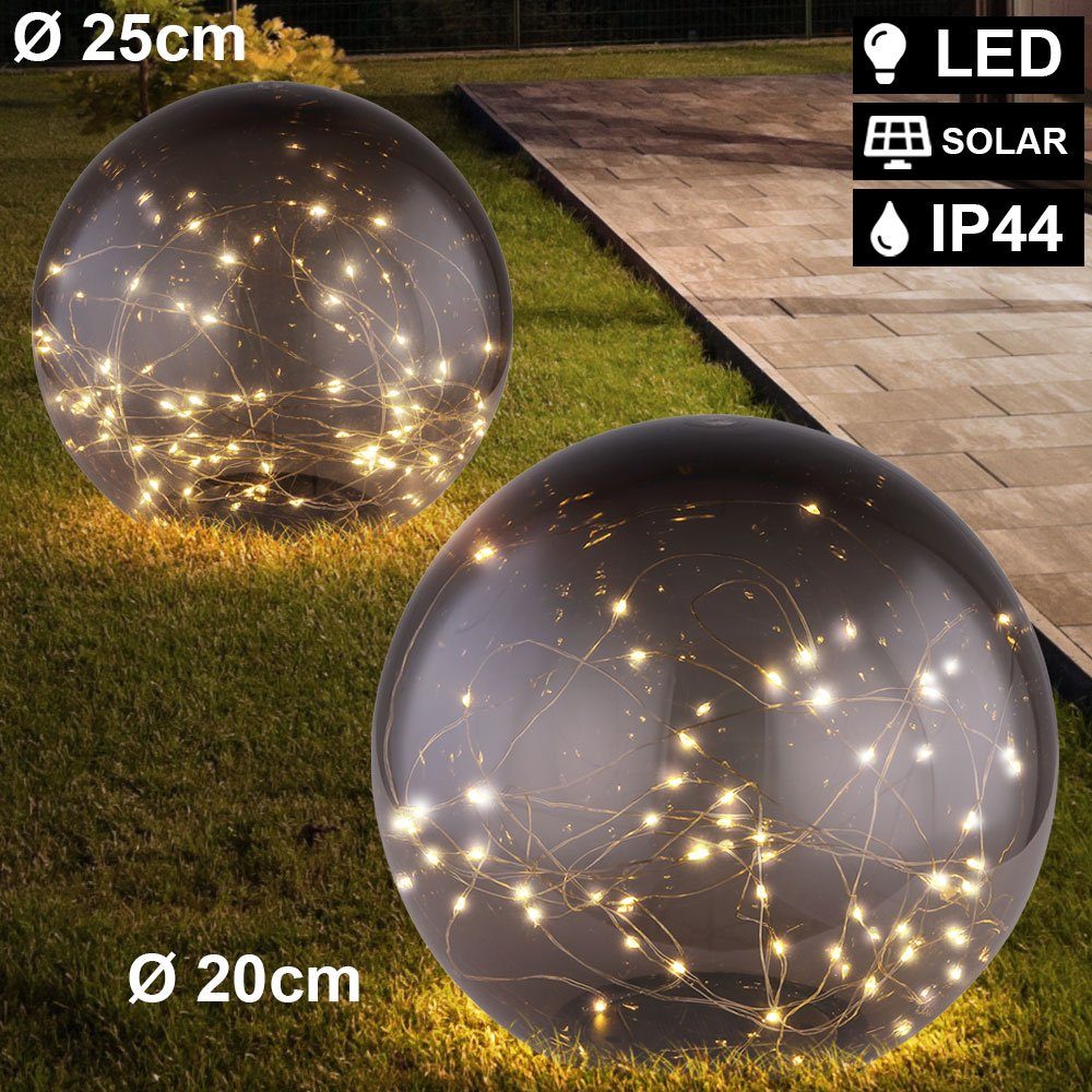 etc-shop LED Gartenleuchte, LED-Leuchtmittel fest verbaut, Warmweiß, 2x LED Steck Lampen SOLAR Kugeln rauch Deko Lichterkette