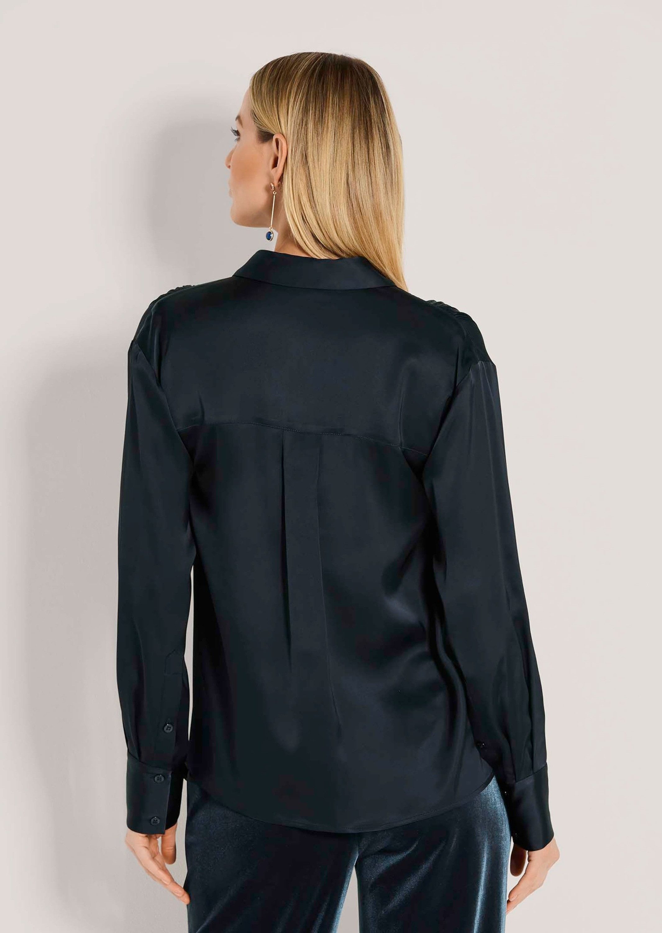 MADELEINE Langarmbluse Elegante Bluse mit V-Ausschnitt Fließender Stoff mit Hemdkragen, Bindeband und langen Ärmeln