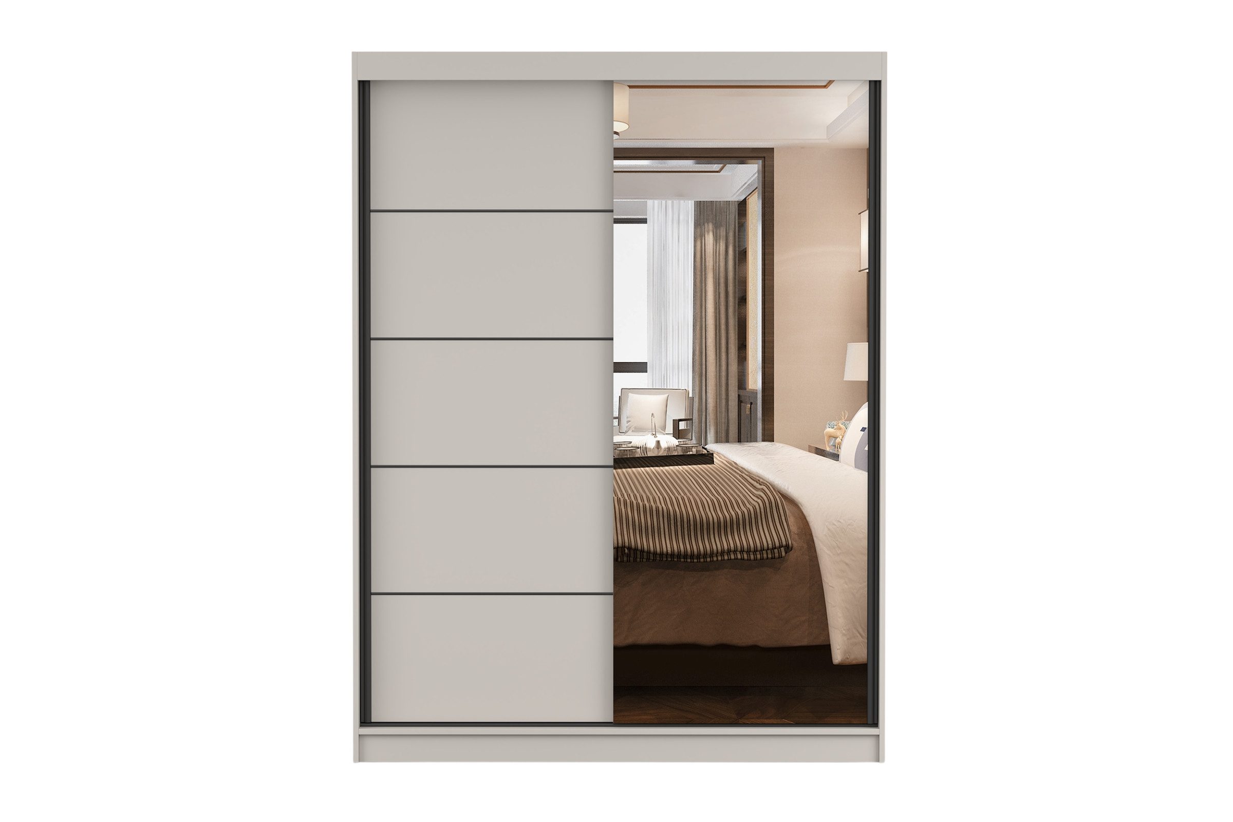 Deine Möbel 24 Schwebetürenschrank VELMA 05 Kleiderschrank 150 cm breit mit Spiegel (Set, 1-St., Weiß Matt Kaschmir Grau Eiche Sonoma) 2 Schiebetüren, 5 Einlegeböden und Kleiderstange