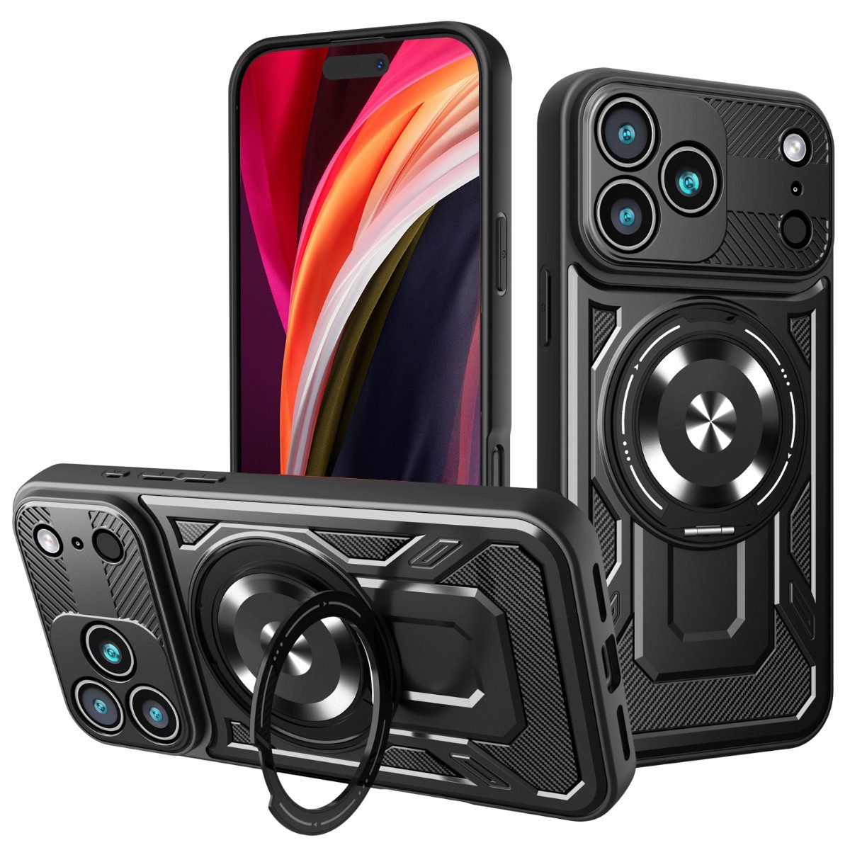 COFI 1453 Handyhülle Defender Armor Mag kompatibel mit iPhone 17 Pro Max schwarz mit Ringe 6,9, Robustes Cover mit Ringhalter Magnetring und Carbonstil