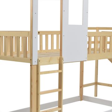 IDEASY Etagenbett Kinderbett. 90x200cm, mit Dach und Fenstern, mit Treppe und Rutschen, (FSC-zertifiziert, mit 3 4,5cm hohen Geländer), Ideal für Jungen-/Mädchen-/Kinderzimmer