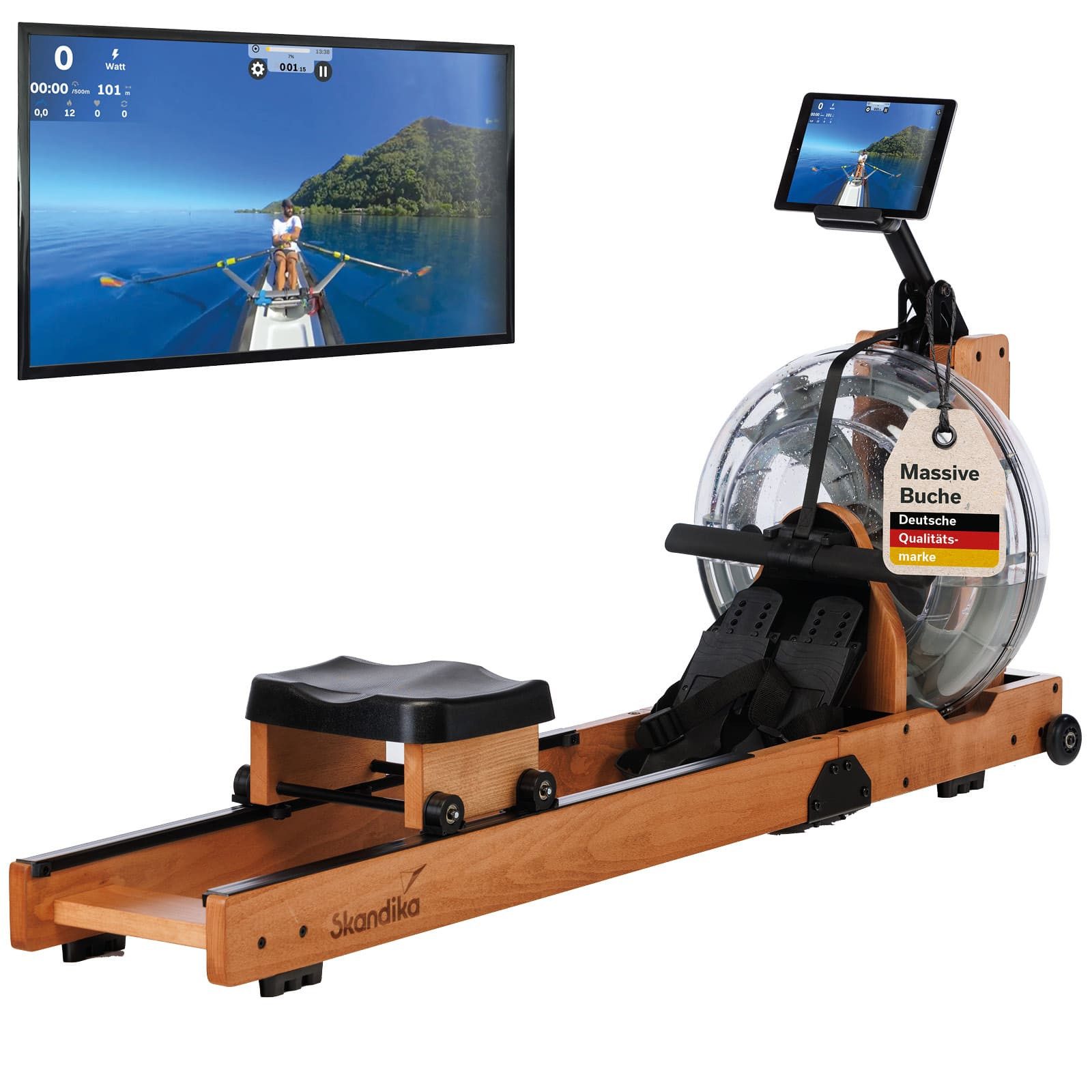 Skandika Rudergerät Lykke, Wasserrudergerät, massives Buchenholz, 90° Tank, Kinomap kompatibel, mit 6 widerstandslevel, Bluetooth, Tablethalterung